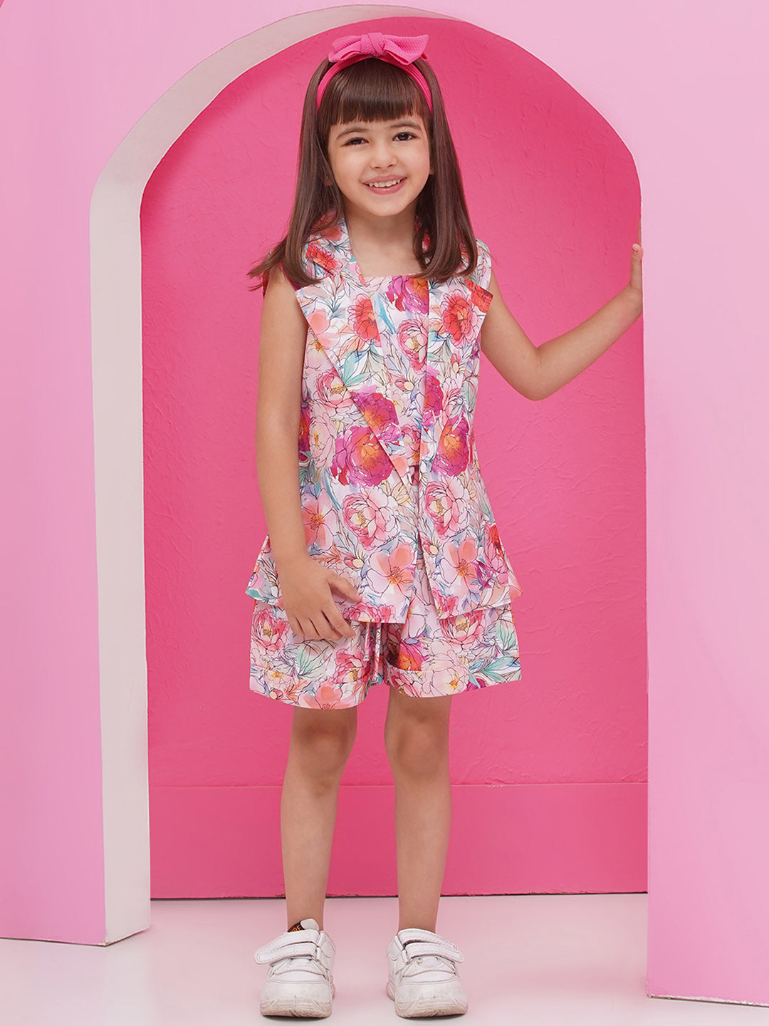 MULTI-COLOR Pure Cotton Sleeveless Floral Print Half pant and Jacket Co-Ords Set for Girls