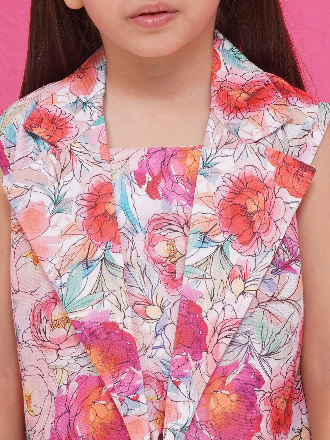 MULTI-COLOR Pure Cotton Sleeveless Floral Print Half pant and Jacket Co-Ords Set for Girls