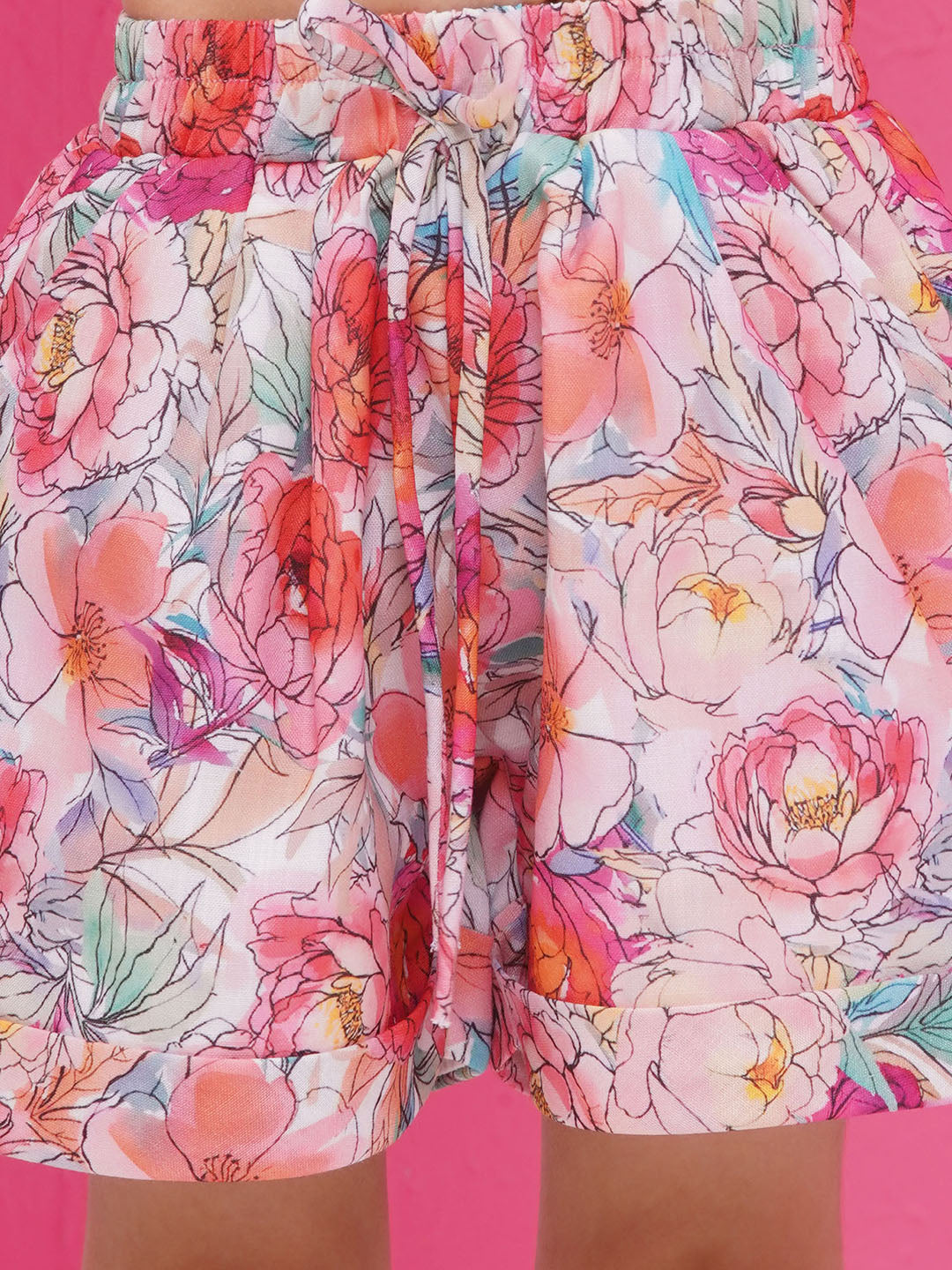 MULTI-COLOR Pure Cotton Sleeveless Floral Print Half pant and Jacket Co-Ords Set for Girls