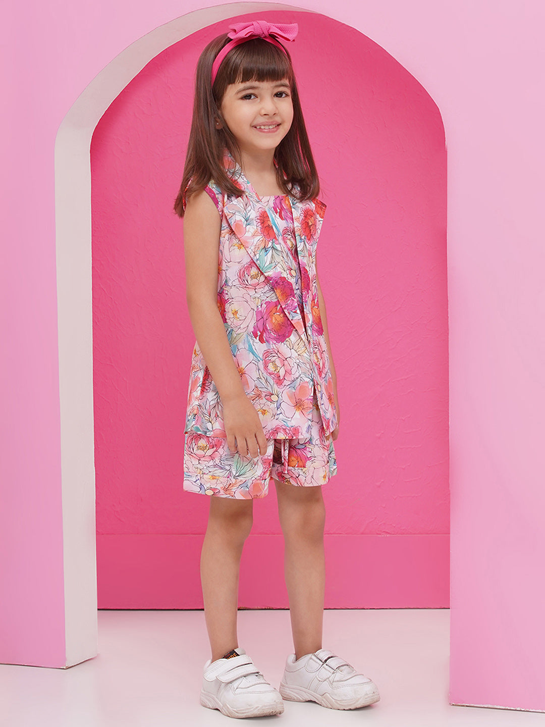 MULTI-COLOR Pure Cotton Sleeveless Floral Print Half pant and Jacket Co-Ords Set for Girls