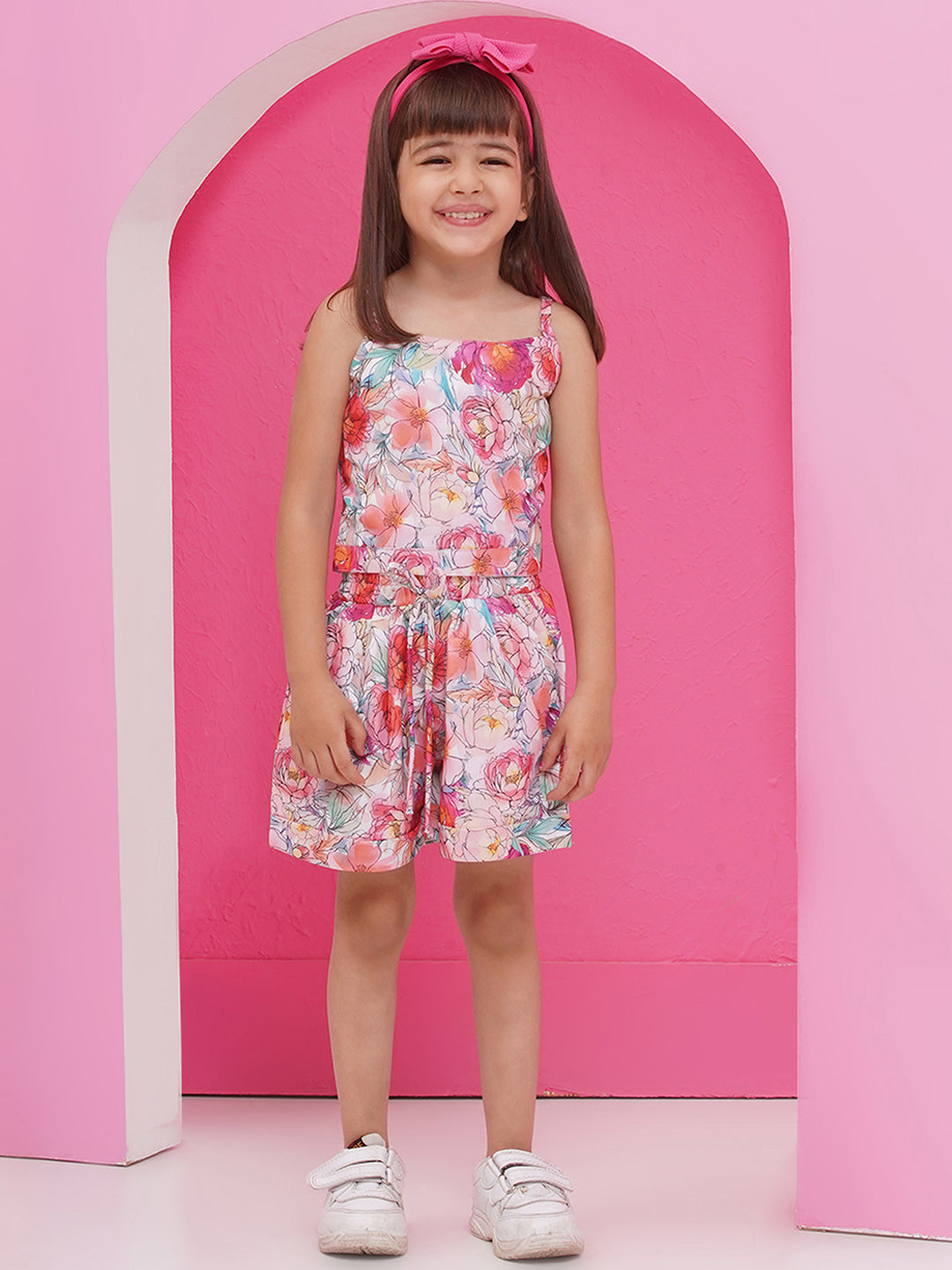 MULTI-COLOR Pure Cotton Sleeveless Floral Print Half pant and Jacket Co-Ords Set for Girls