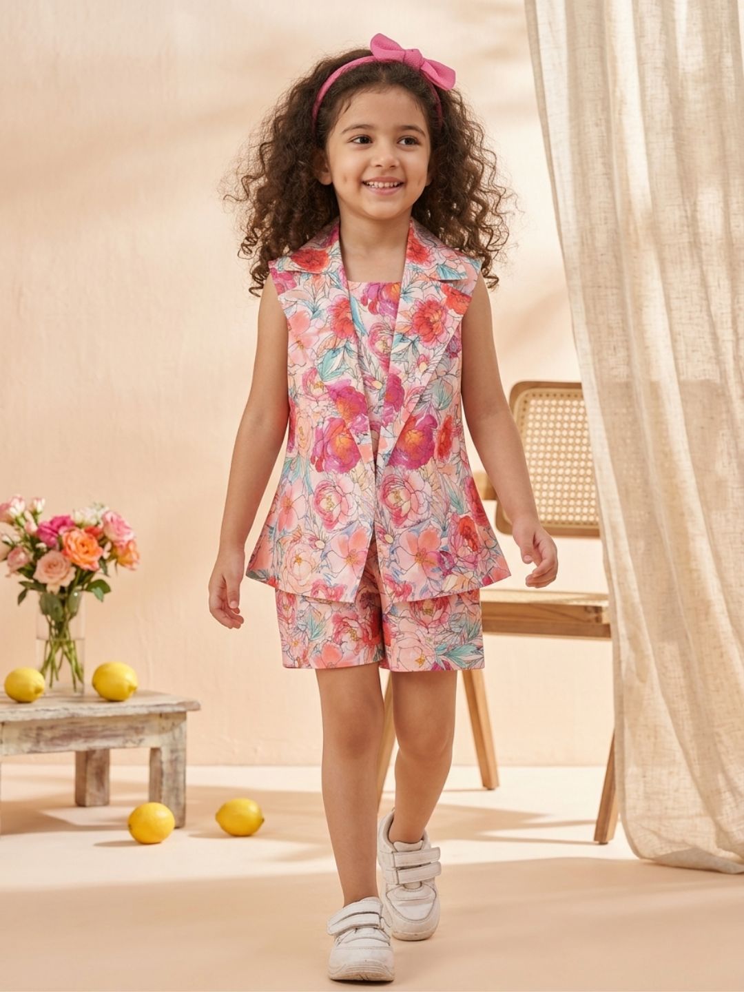 MULTI-COLOR Pure Cotton Sleeveless Floral Print Half pant and Jacket Co-Ords Set for Girls