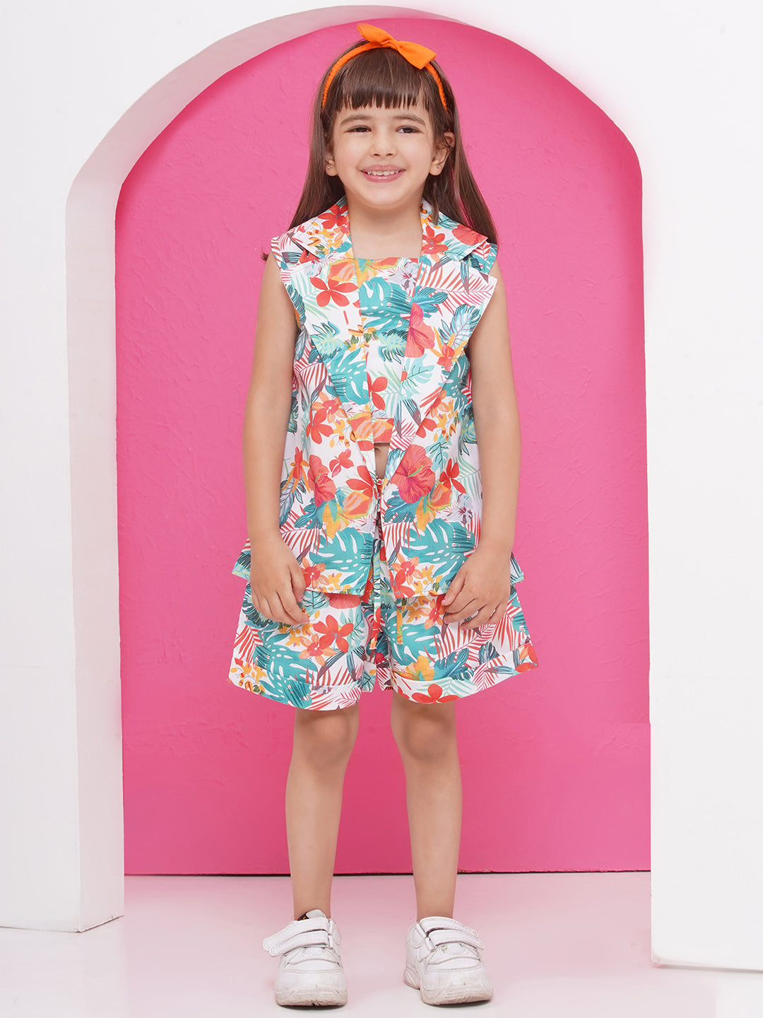 MULTI-COLOR Pure Cotton Sleeveless Floral Print Half pant and Jacket Co-Ords Set for Girls