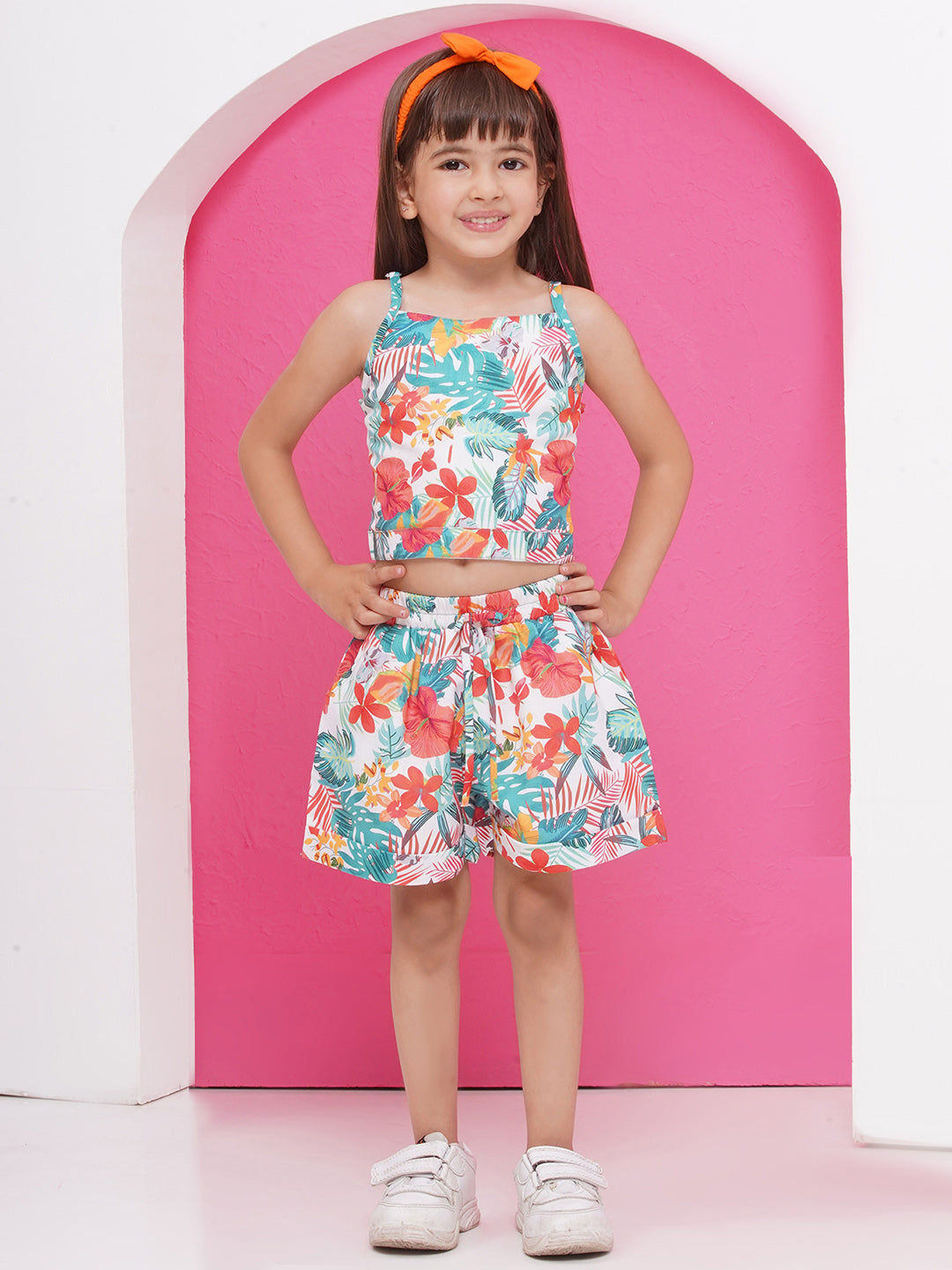 MULTI-COLOR Pure Cotton Sleeveless Floral Print Half pant and Jacket Co-Ords Set for Girls