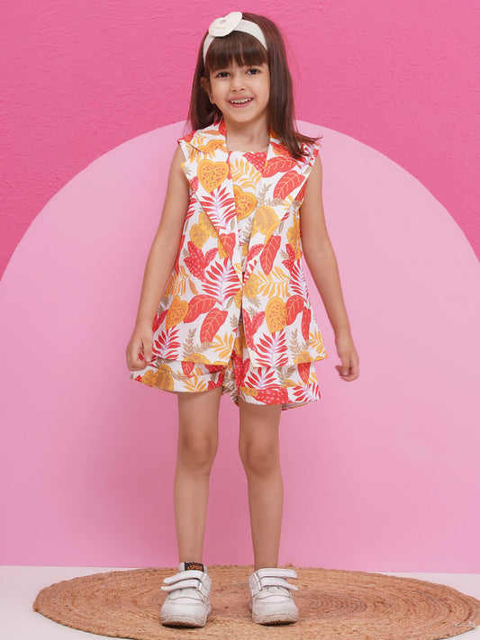 Aj Dezines Multi-Color Pure Cotton Sleeveless Floral Print Half Pant And Jacket Co-Ords Set For Girls
