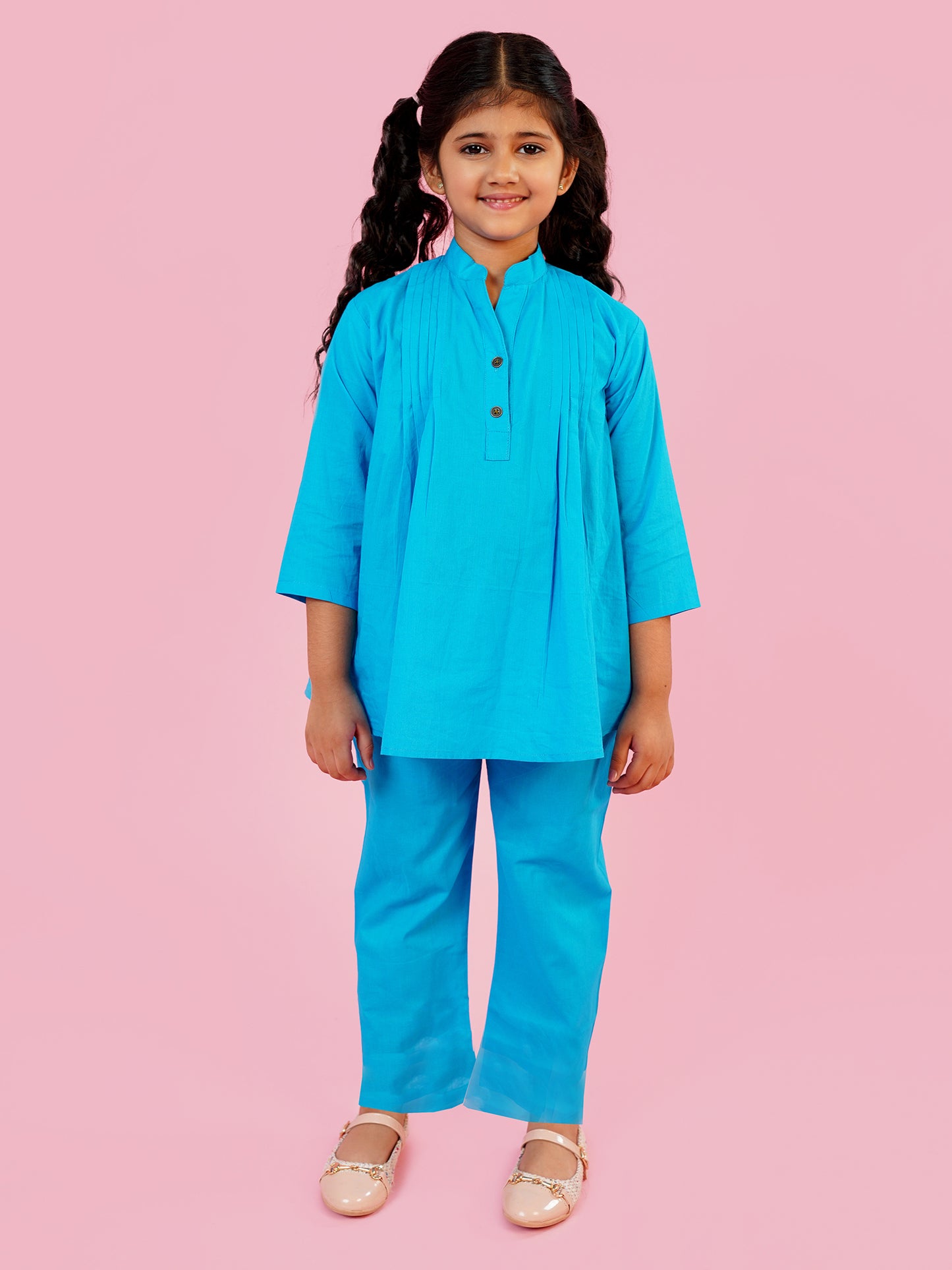 AJ Dezines Blue Pure Cotton 3-4th Sleeves Solid Girls Co-Ords