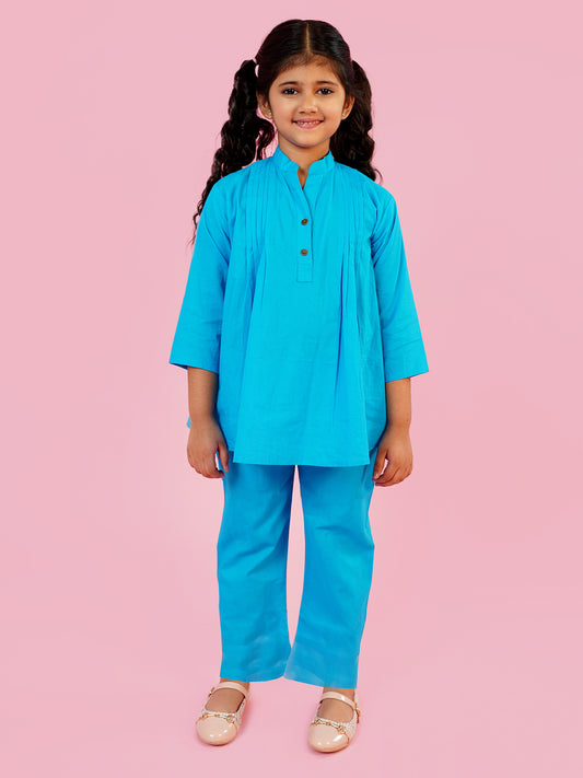 AJ Dezines Blue Pure Cotton 3-4th Sleeves Solid Girls Co-Ords