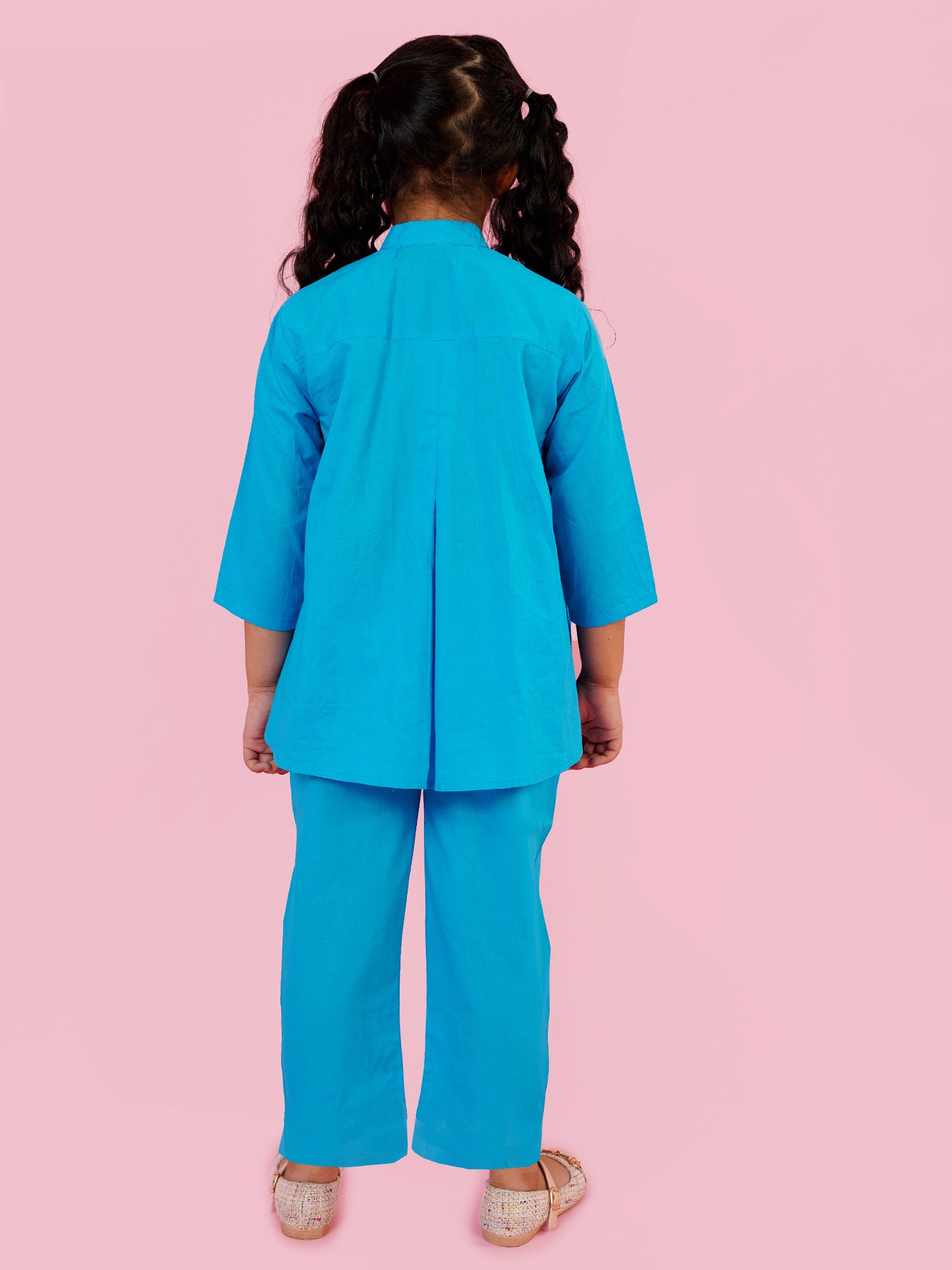 Blue Pure Cotton 3-4th Sleeves Solid Girls Co-Ords