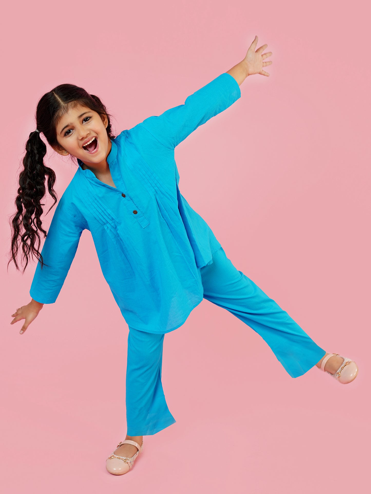 AJ Dezines Blue Pure Cotton 3-4th Sleeves Solid Girls Co-Ords