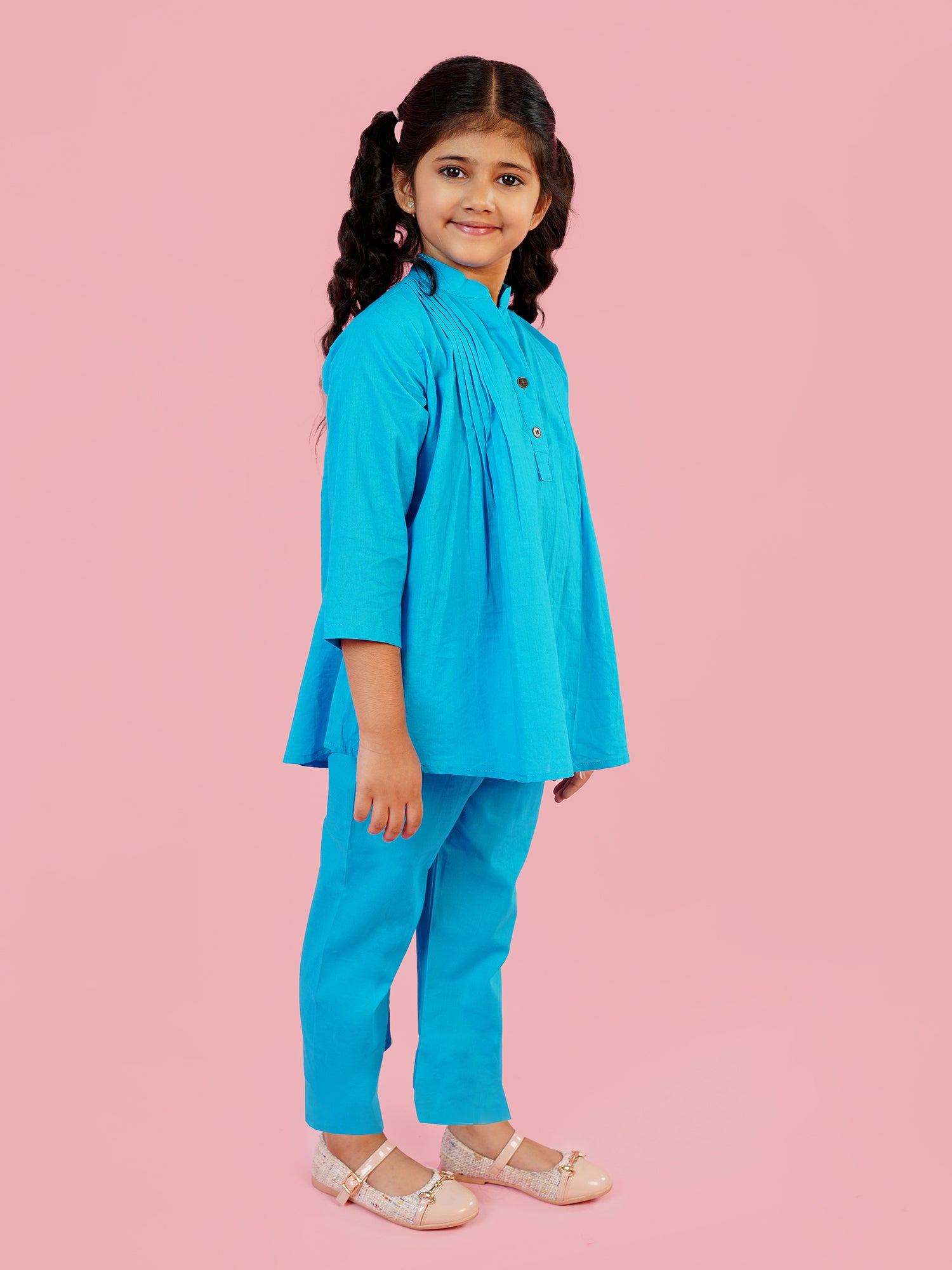 Blue Pure Cotton 3-4th Sleeves Solid Girls Co-Ords - AJ Dezines