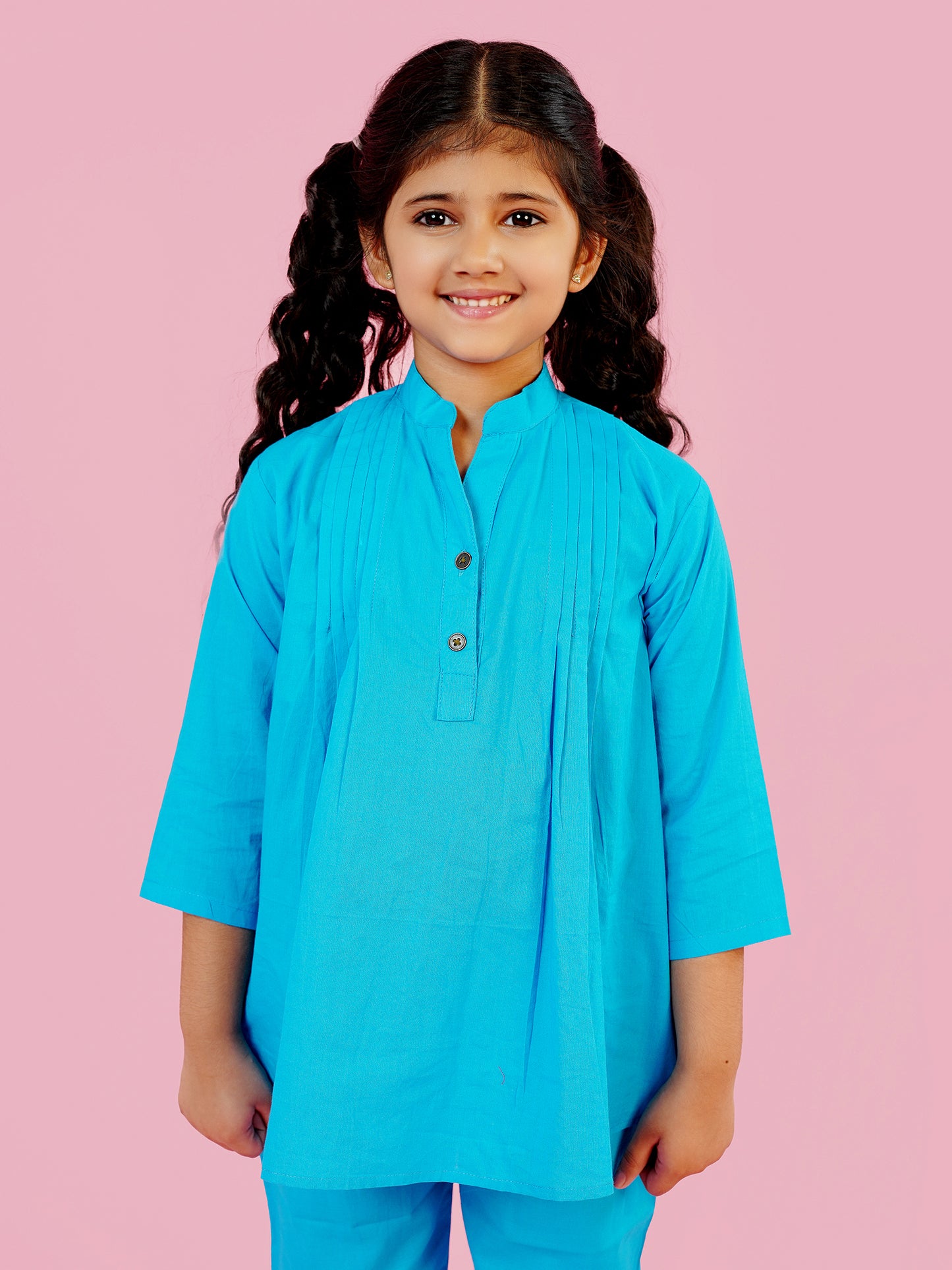 AJ Dezines Blue Pure Cotton 3-4th Sleeves Solid Girls Co-Ords