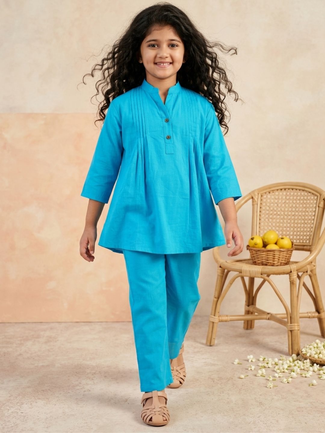 Blue Pure Cotton 3-4th Sleeves Solid Girls Co-Ords