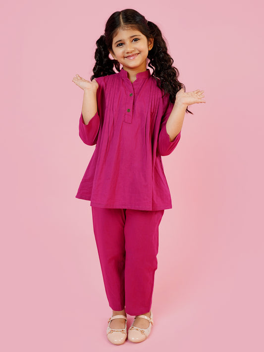 AJ Dezines Dark Pink Pure Cotton 3-4th Sleeves Solid Girls Co-Ords