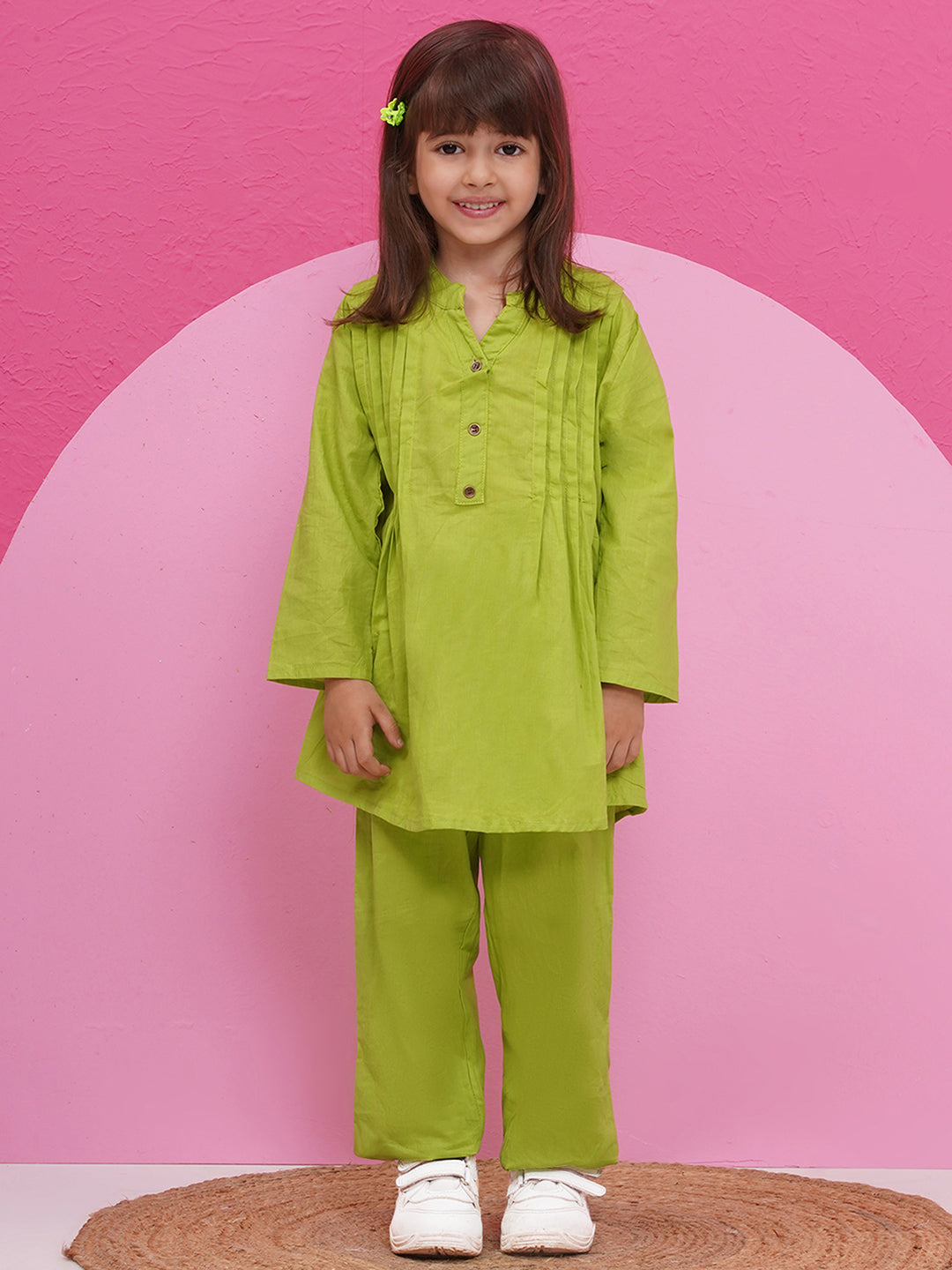 GREEN Pure Cotton 3-4th Sleeves Solid Co-Ords for Girls