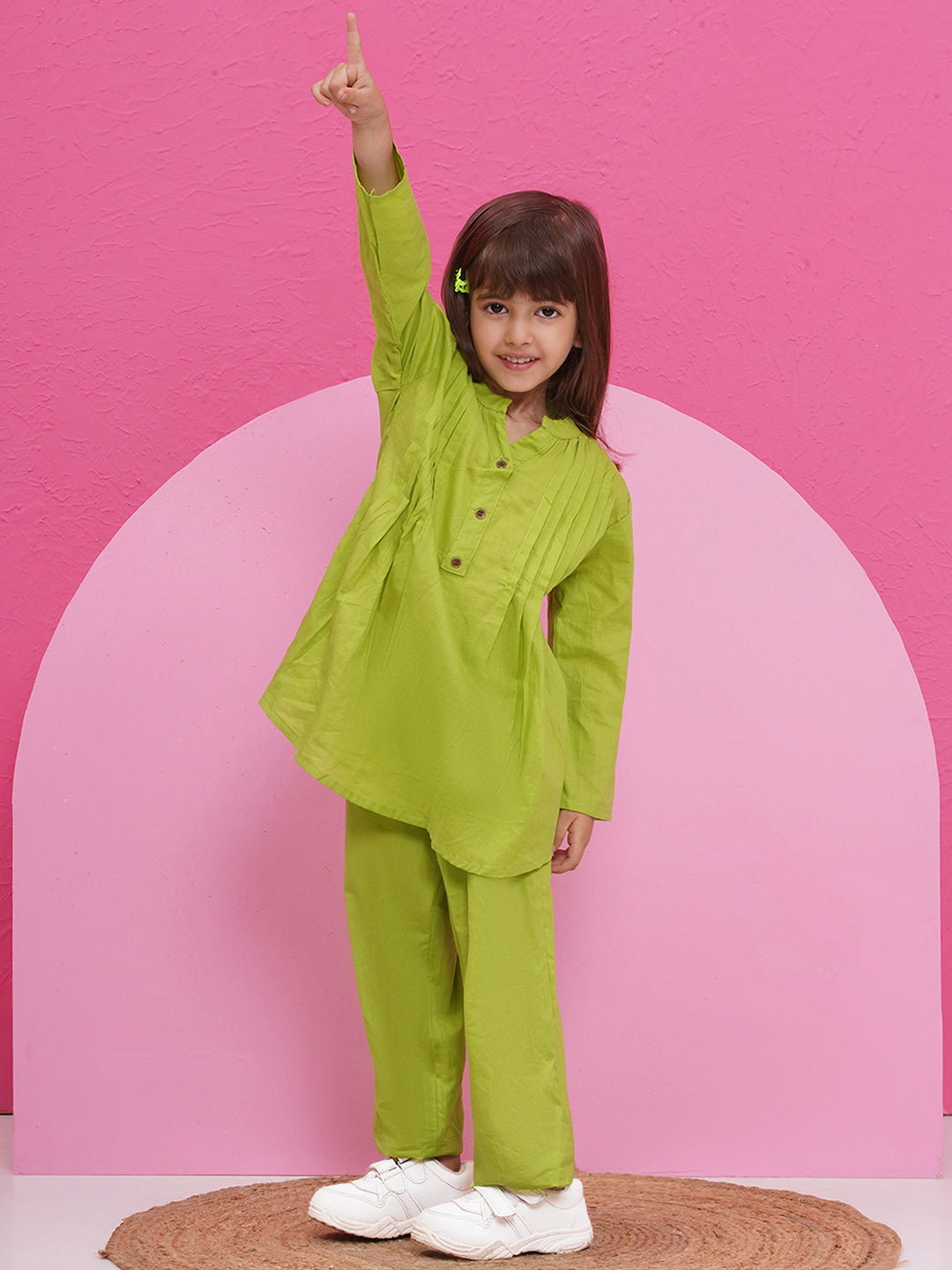 GREEN Pure Cotton 3-4th Sleeves Solid Co-Ords for Girls