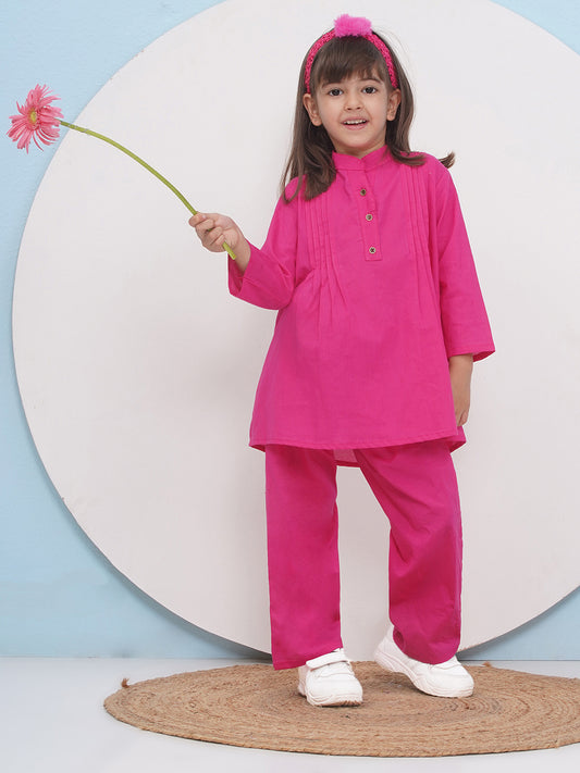 PINK Pure Cotton 3-4th Sleeves Solid Co-Ords for Girls