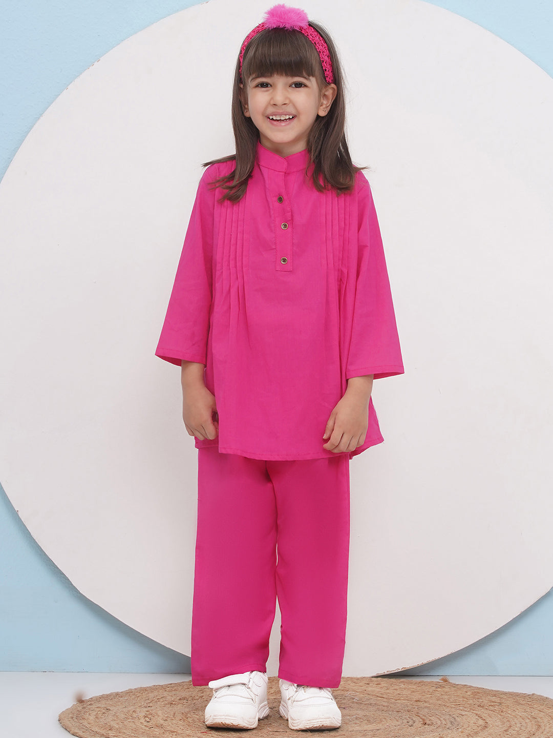 PINK Pure Cotton 3-4th Sleeves Solid Co-Ords for Girls