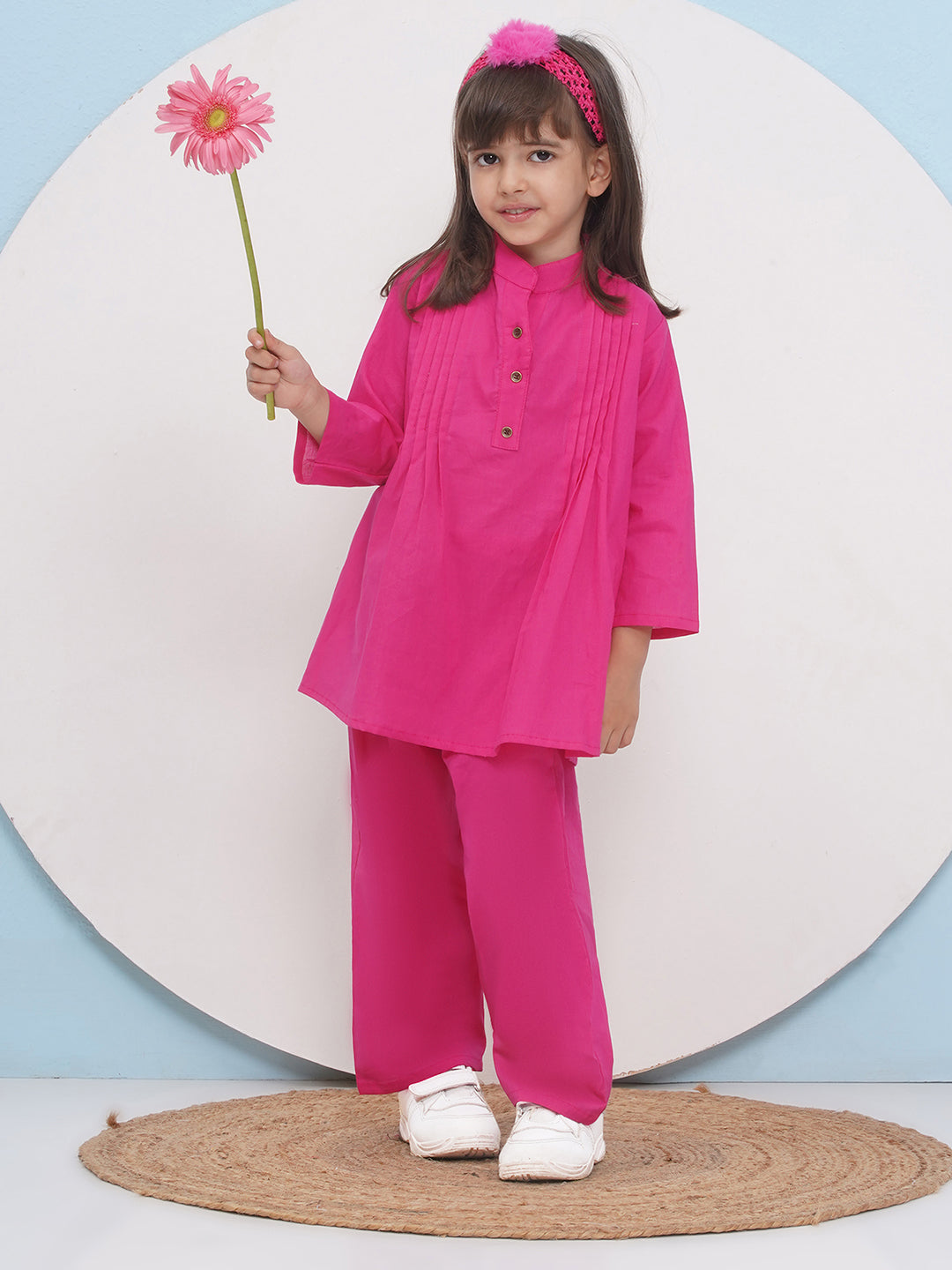 PINK Pure Cotton 3-4th Sleeves Solid Co-Ords for Girls