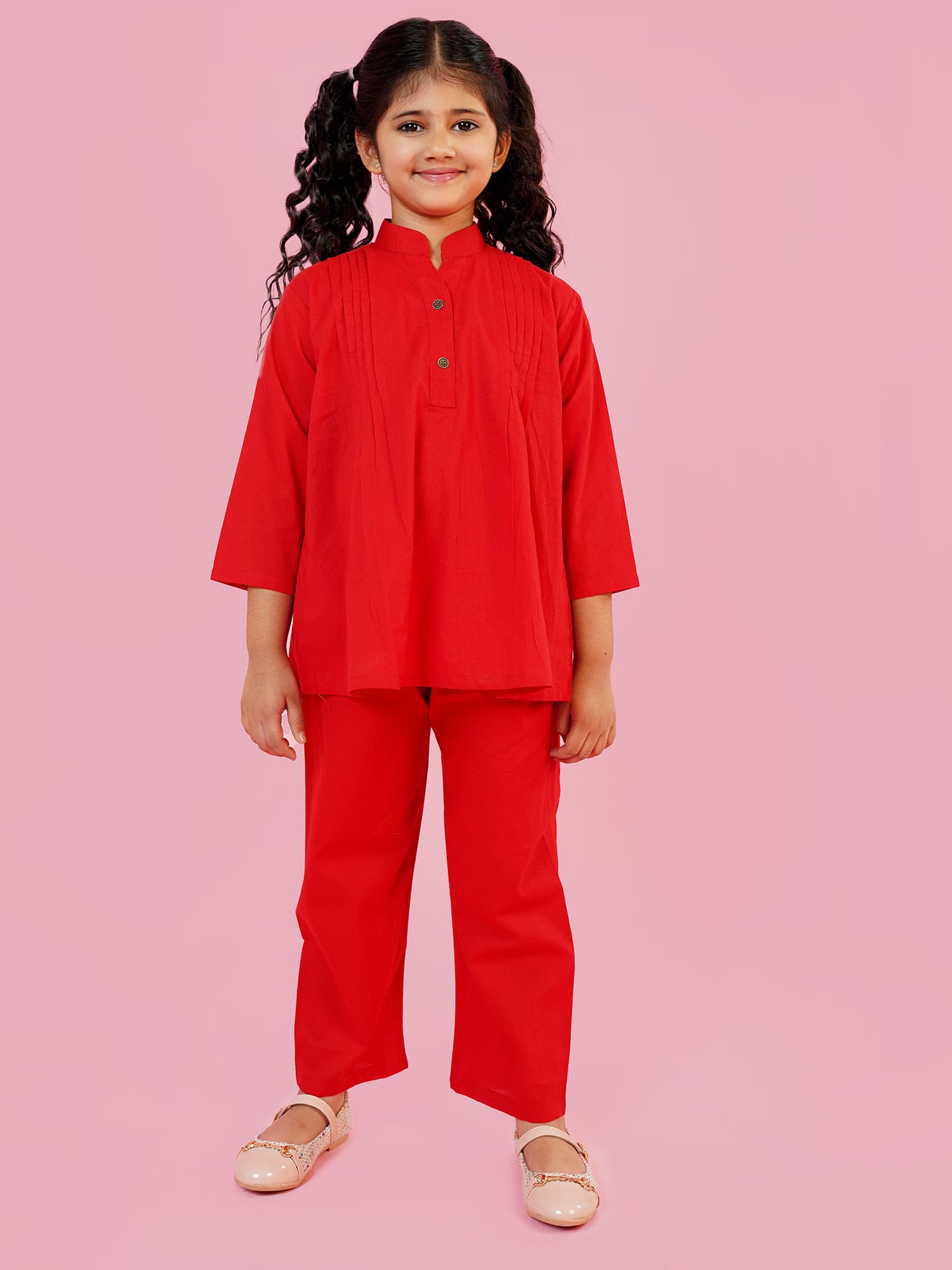 AJ Dezines Red Pure Cotton 3-4th Sleeves Solid Girls Co-Ords