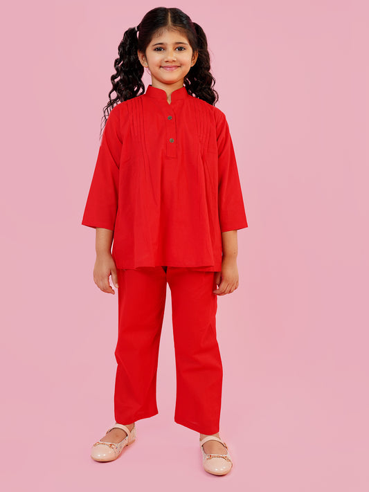 AJ Dezines Red Pure Cotton 3-4th Sleeves Solid Girls Co-Ords