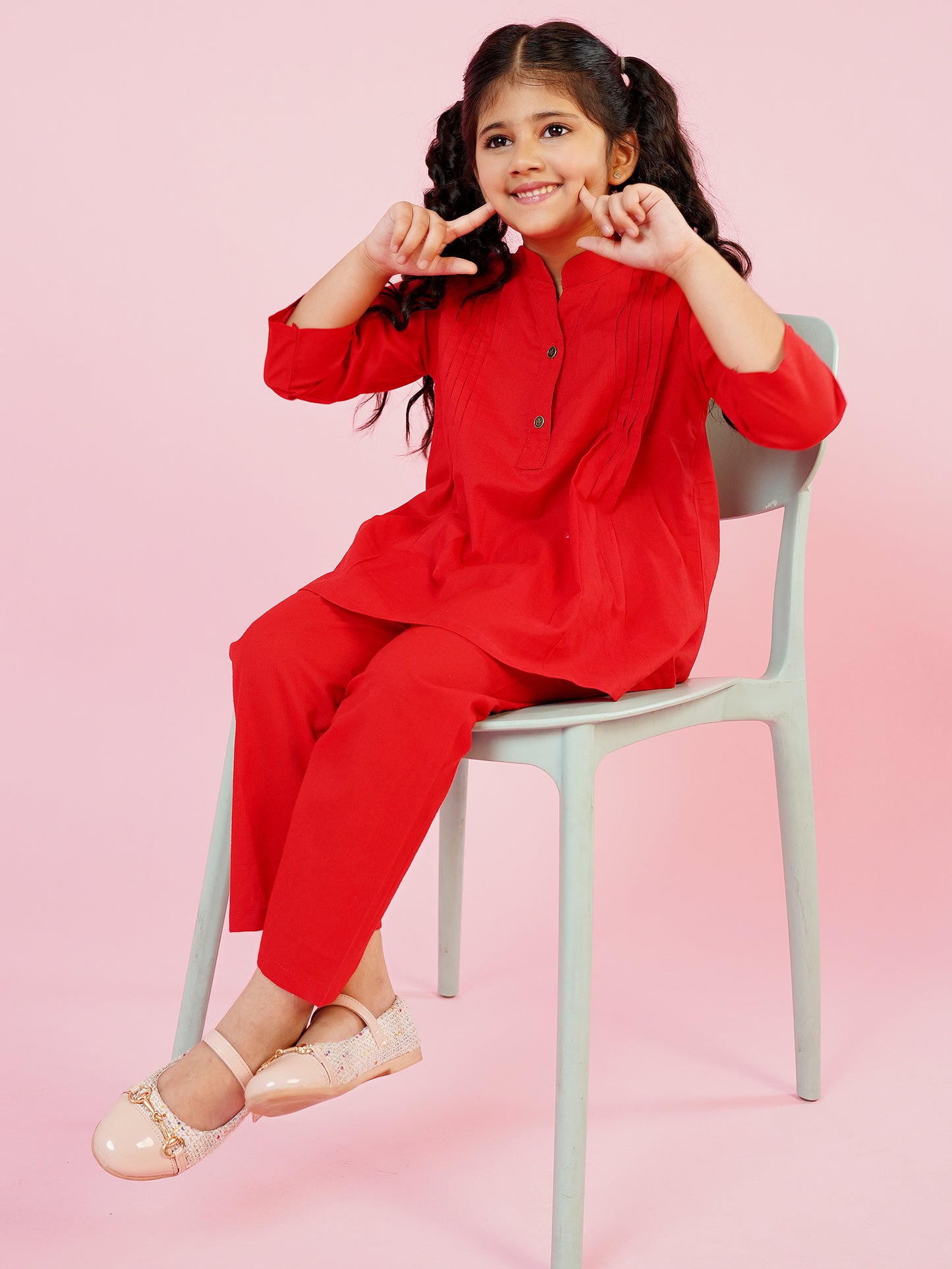 AJ Dezines Red Pure Cotton 3-4th Sleeves Solid Girls Co-Ords