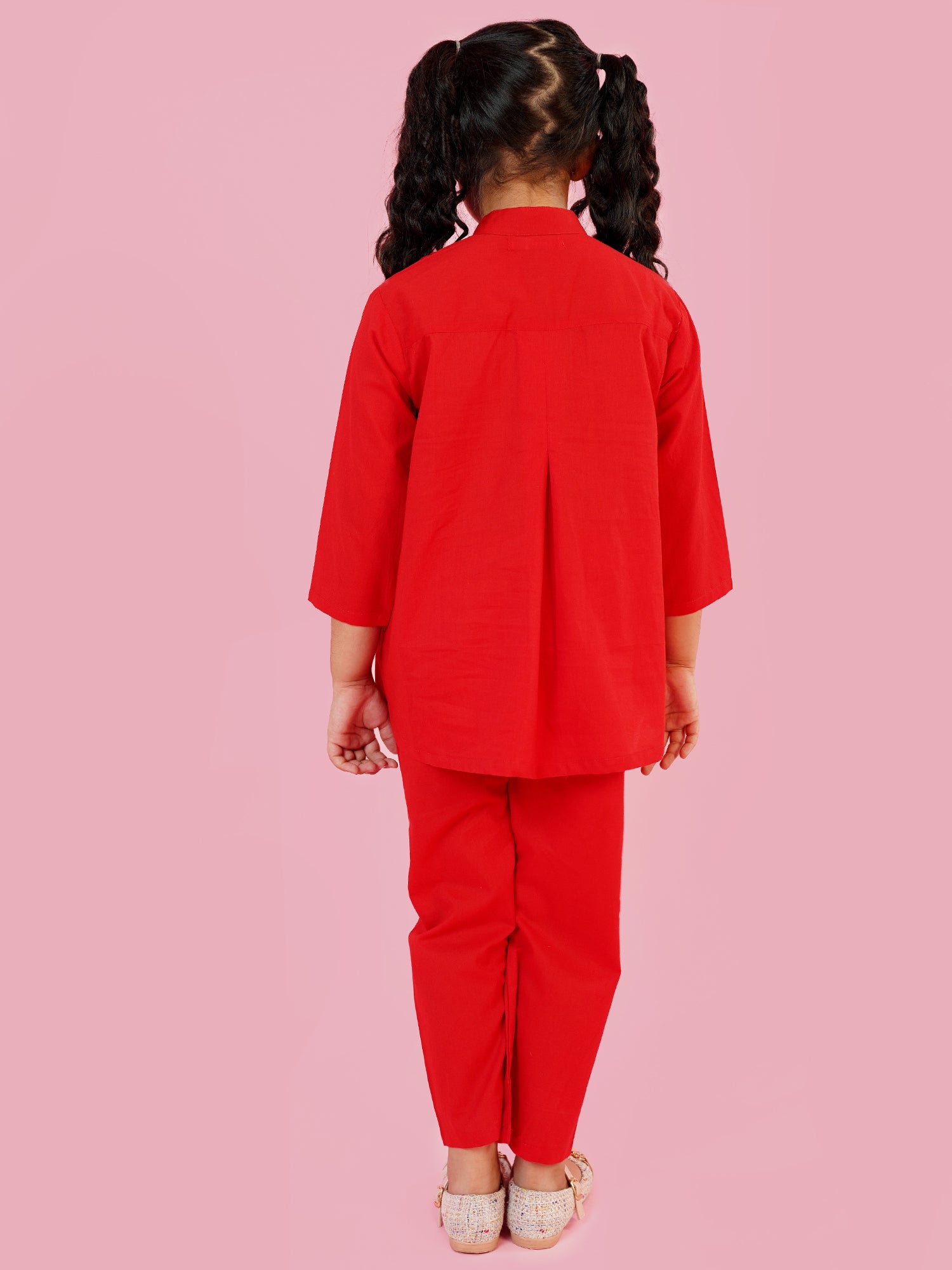 Red Pure Cotton 3-4th Sleeves Solid Girls Co-Ords - AJ Dezines