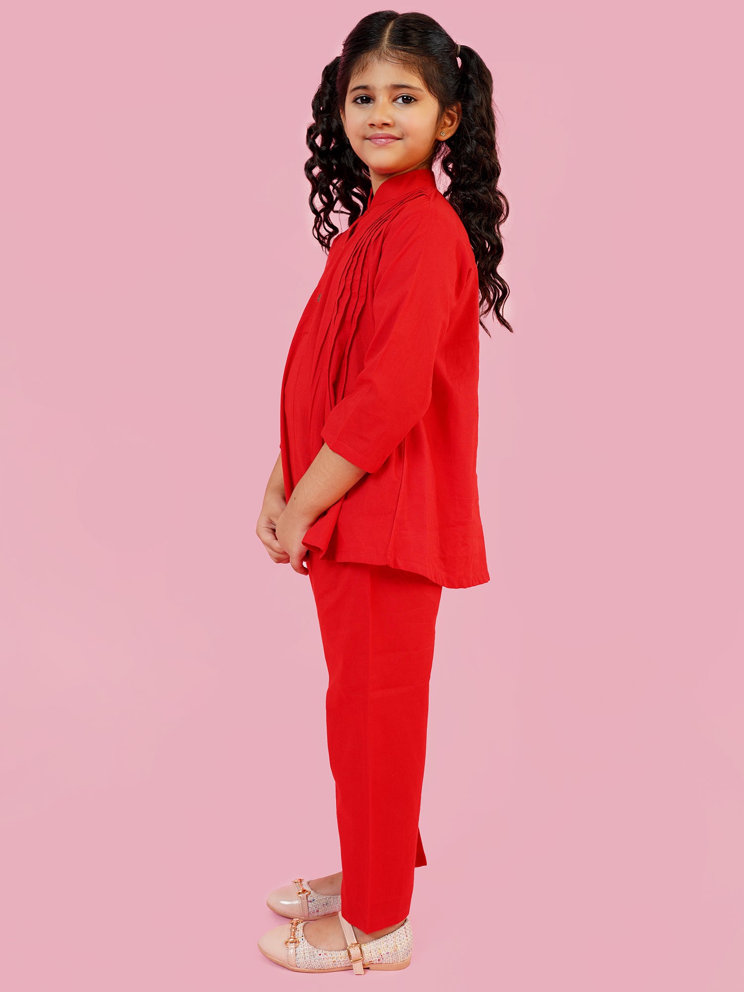 Red Pure Cotton 3-4th Sleeves Solid Girls Co-Ords - AJ Dezines