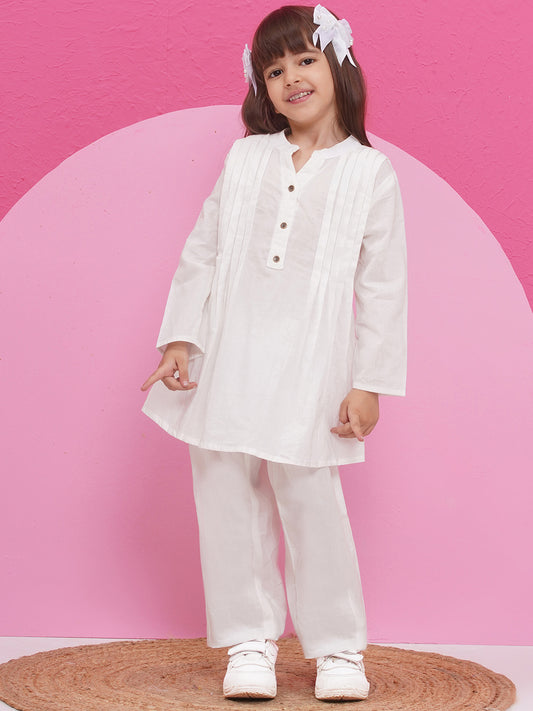 WHITE Pure Cotton 3-4th Sleeves Solid Co-Ords for Girls