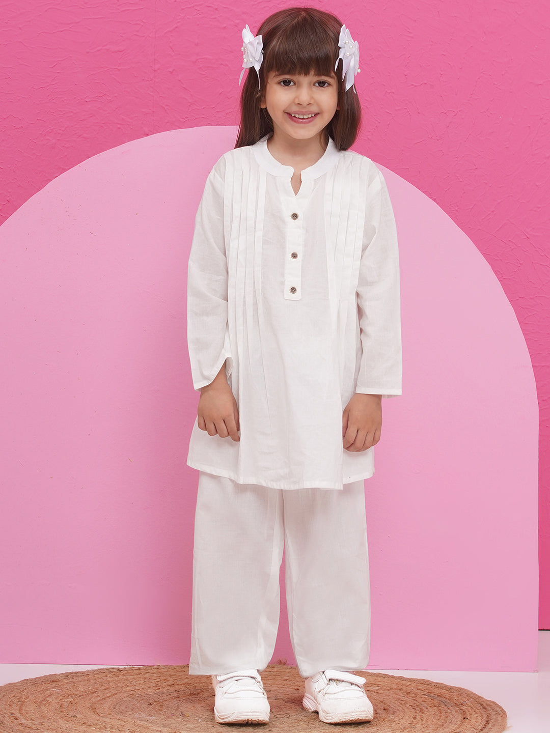 WHITE Pure Cotton 3-4th Sleeves Solid Co-Ords for Girls