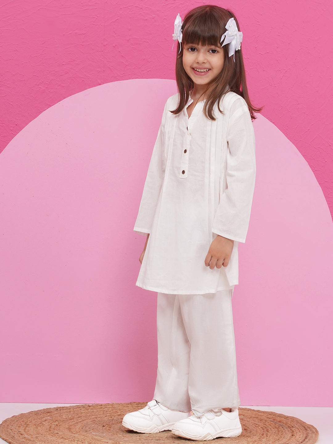 WHITE Pure Cotton 3-4th Sleeves Solid Co-Ords for Girls