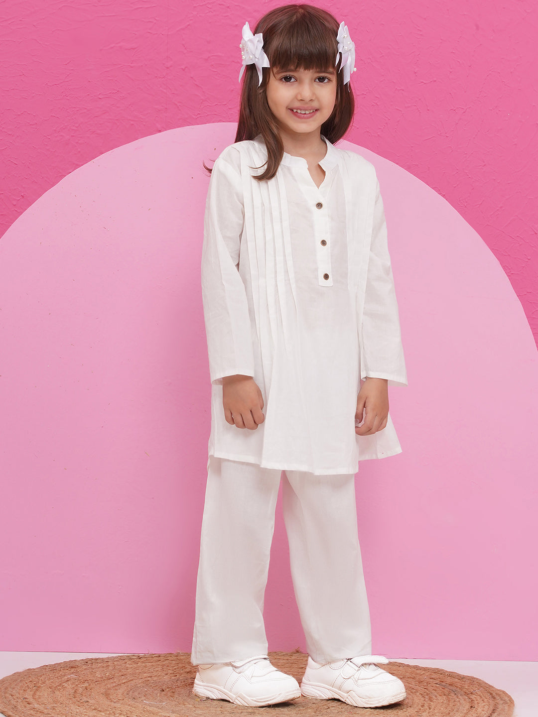 WHITE Pure Cotton 3-4th Sleeves Solid Co-Ords for Girls