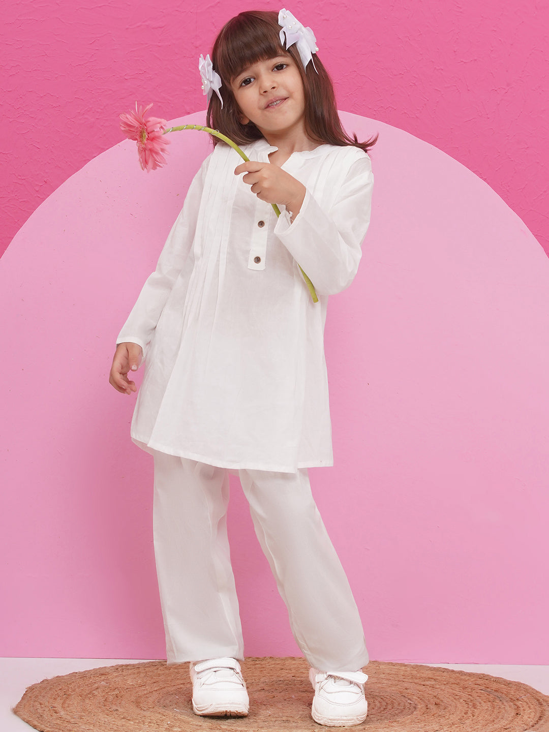 WHITE Pure Cotton 3-4th Sleeves Solid Co-Ords for Girls