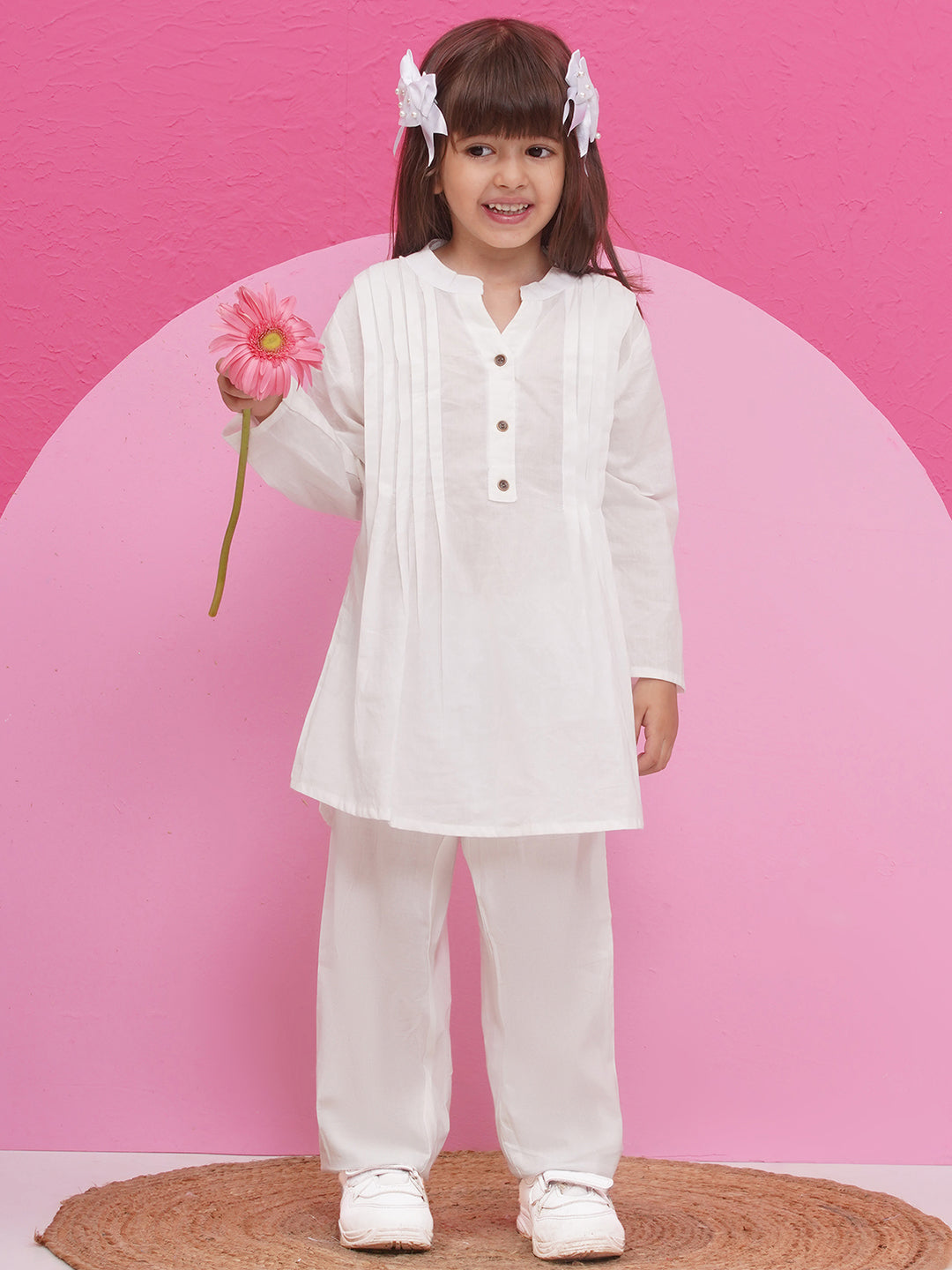 WHITE Pure Cotton 3-4th Sleeves Solid Co-Ords for Girls