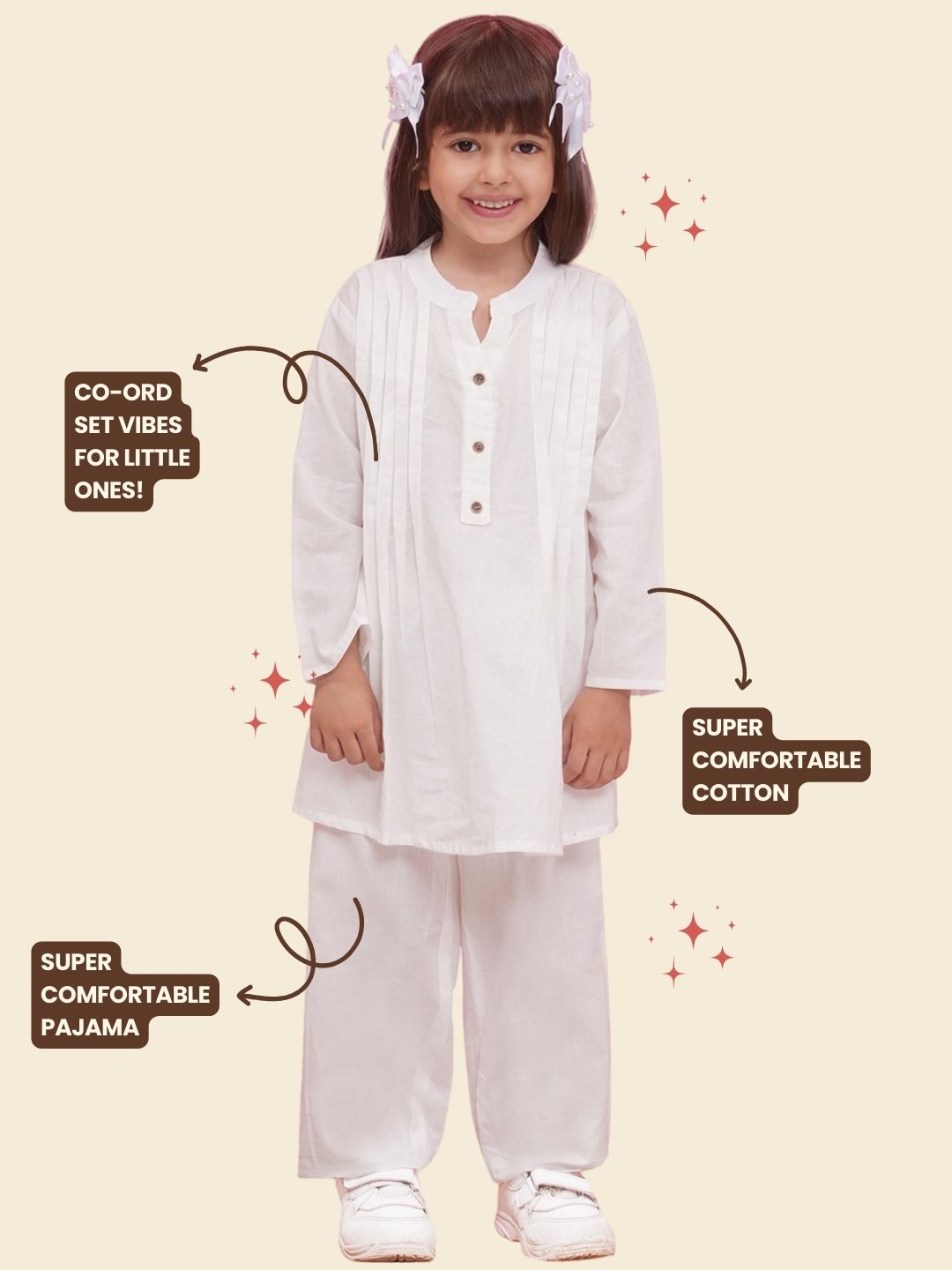 WHITE Pure Cotton 3-4th Sleeves Solid Co-Ords for Girls