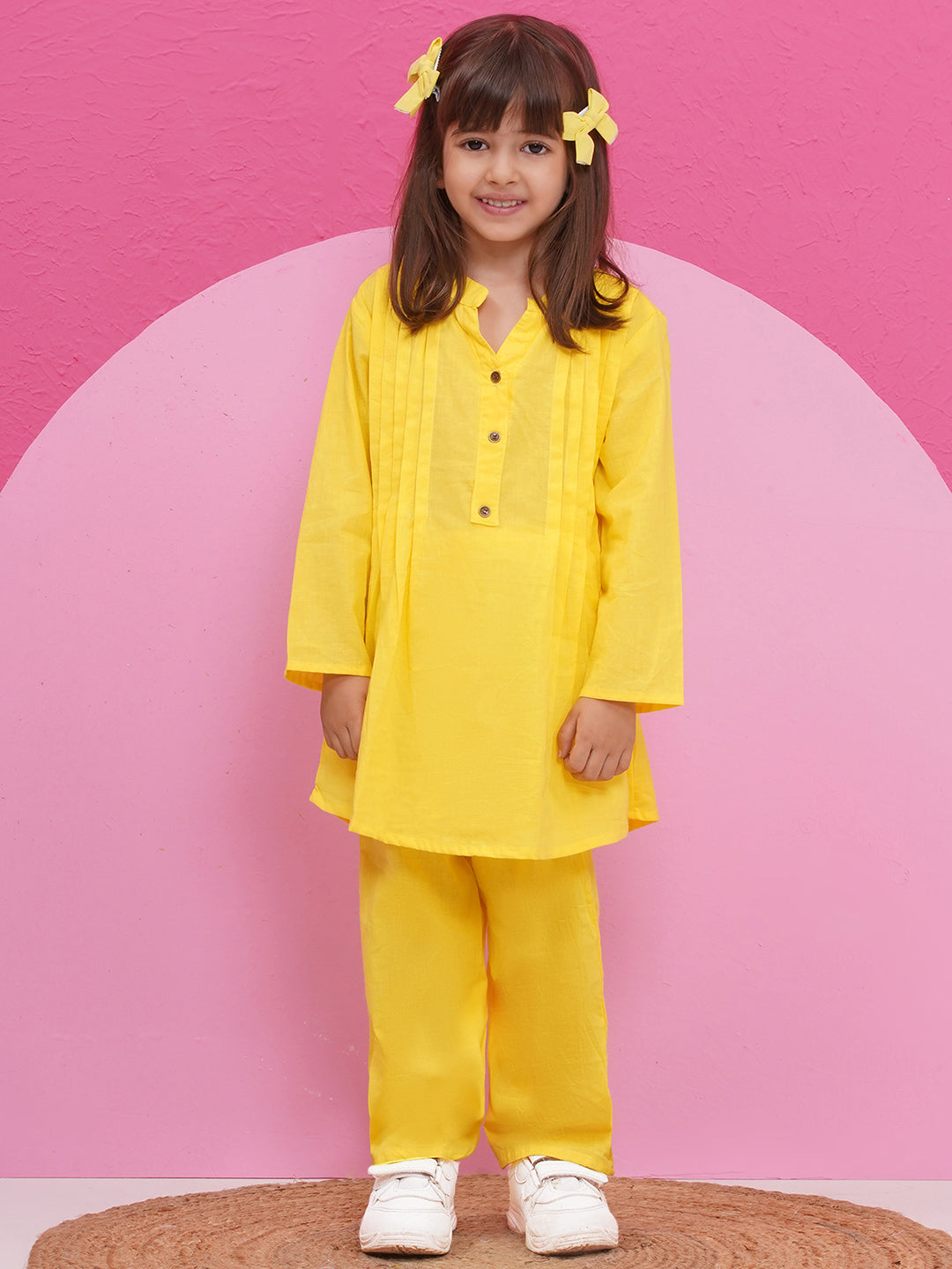 YELLOW Pure Cotton 3-4th Sleeves Solid Co-Ords for Girls