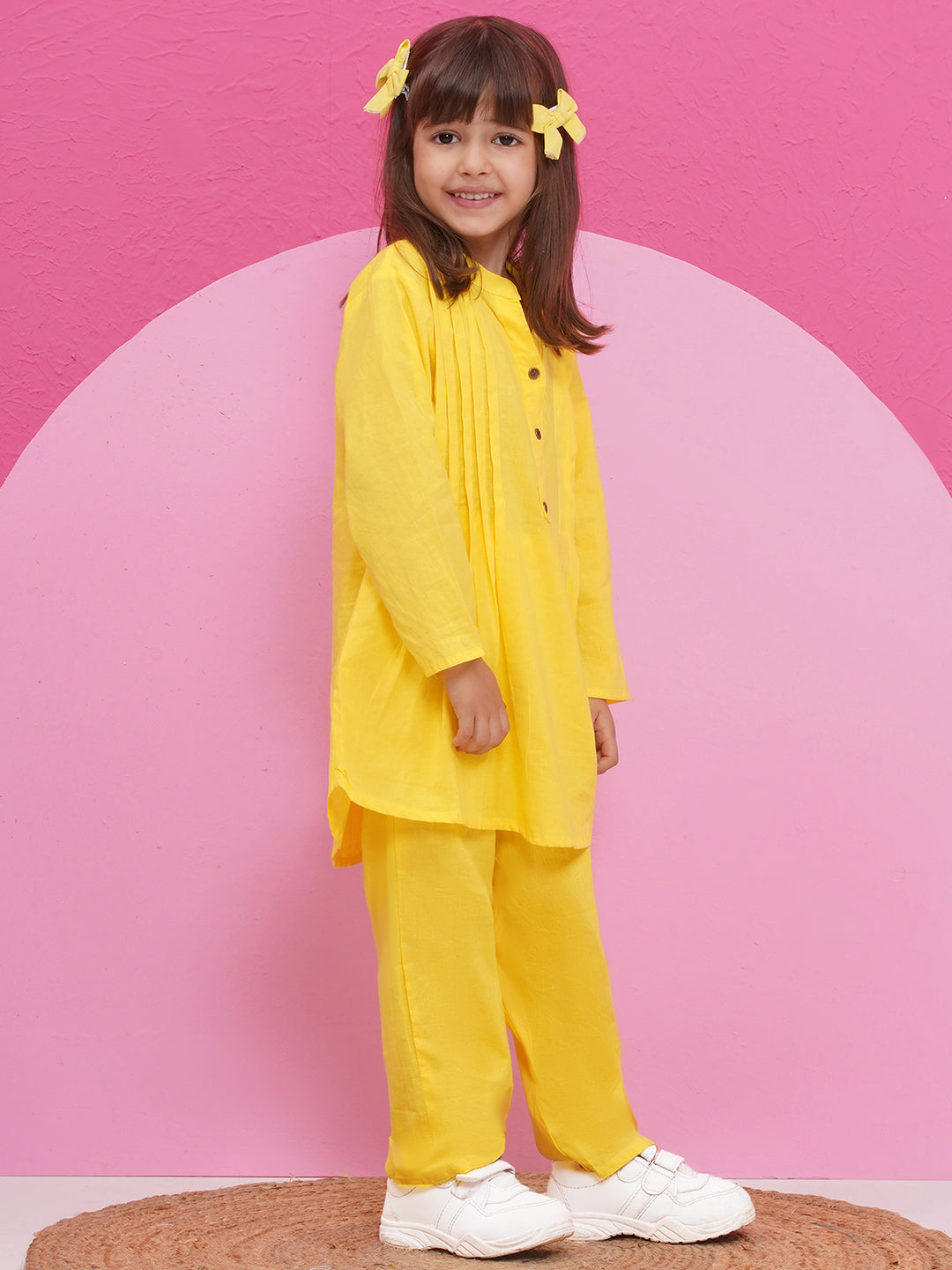 YELLOW Pure Cotton 3-4th Sleeves Solid Co-Ords for Girls