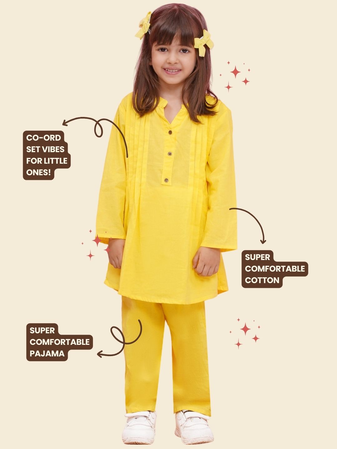 YELLOW Pure Cotton 3-4th Sleeves Solid Co-Ords for Girls