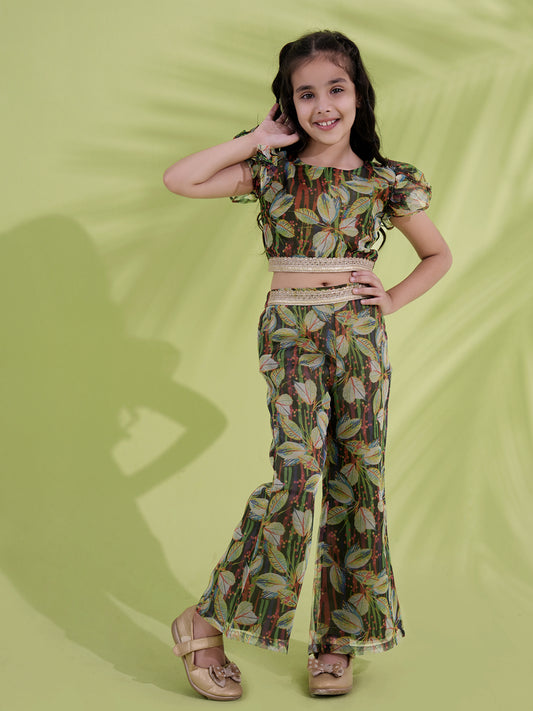 Aj Dezines Green Organza Half Sleeves Printed Co-Ords For Girls