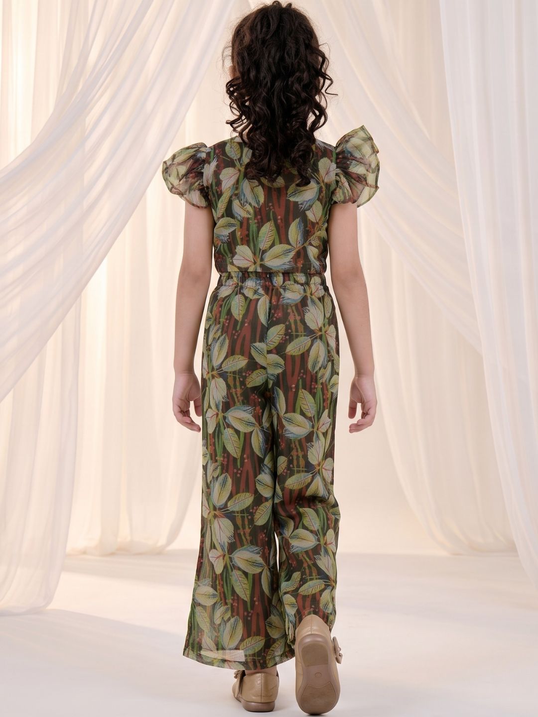 Green Organza Half Sleeves Printed Co-Ords For Girls