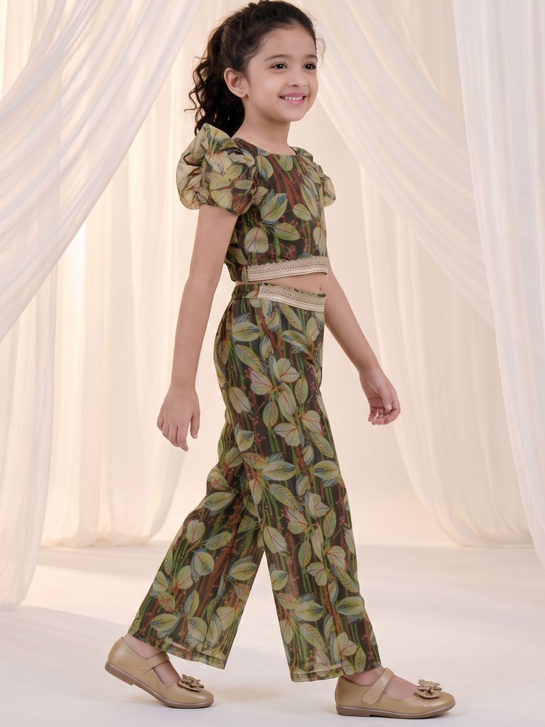 Green Organza Half Sleeves Printed Co-Ords For Girls