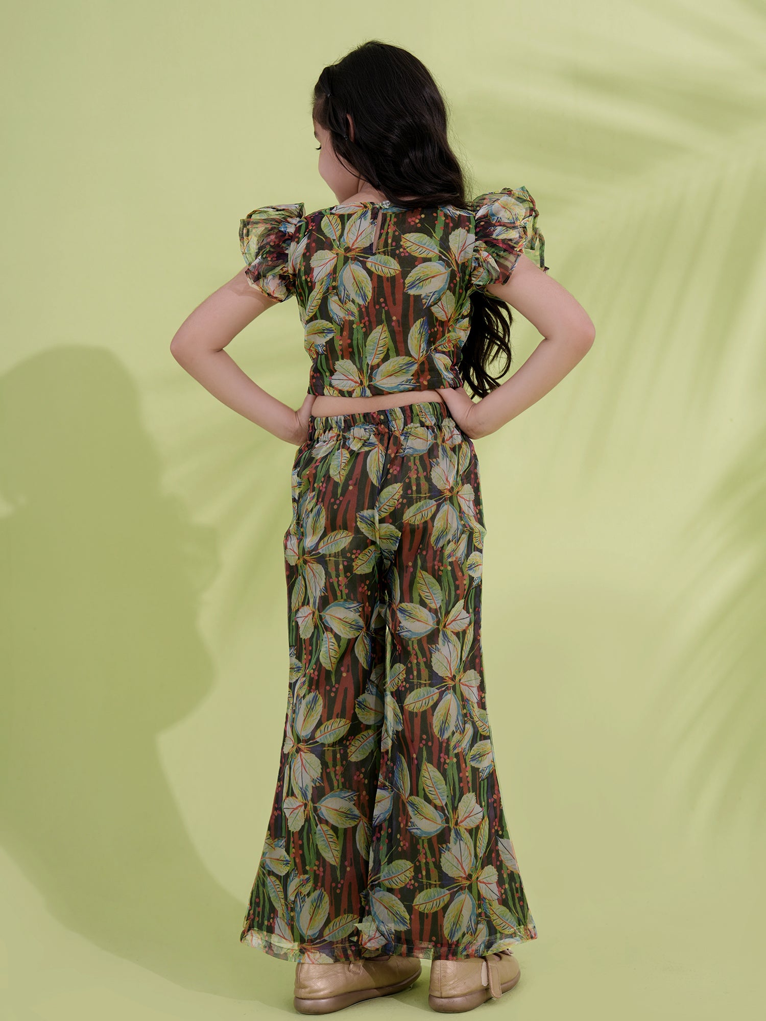 Green Organza Half Sleeves Printed Co-Ords For Girls