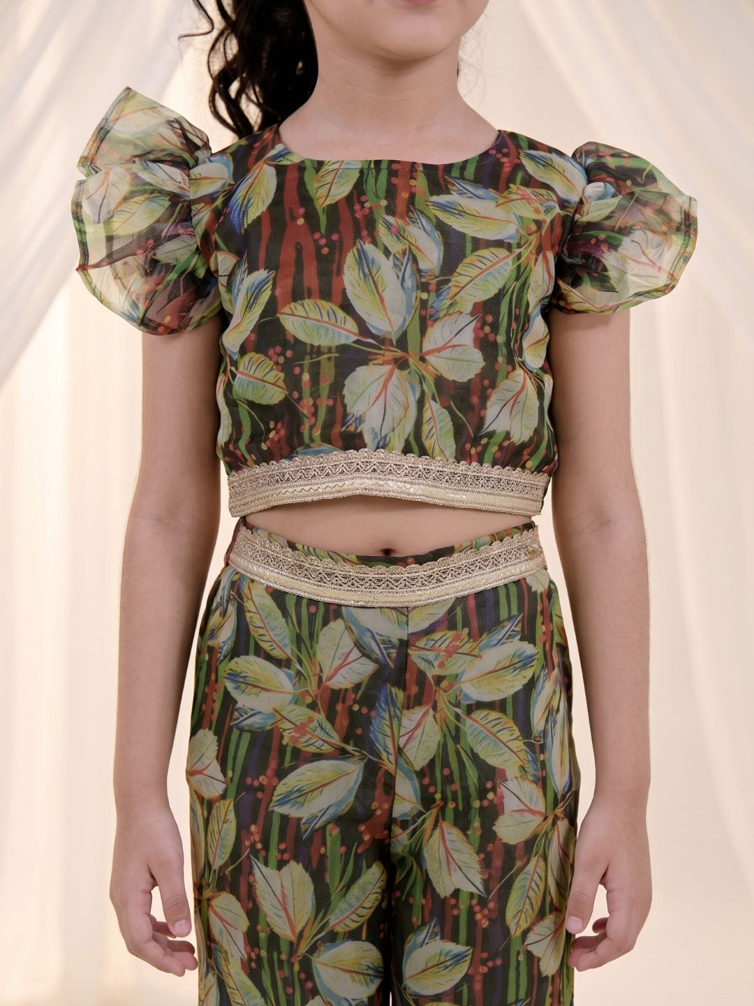 Green Organza Half Sleeves Printed Co-Ords For Girls