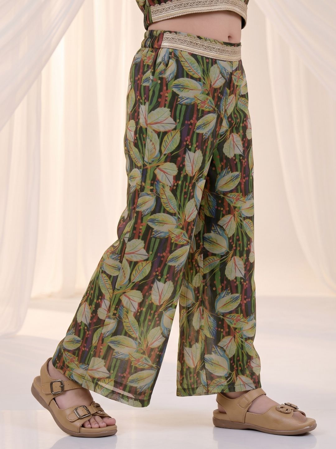 Green Organza Half Sleeves Printed Co-Ords For Girls