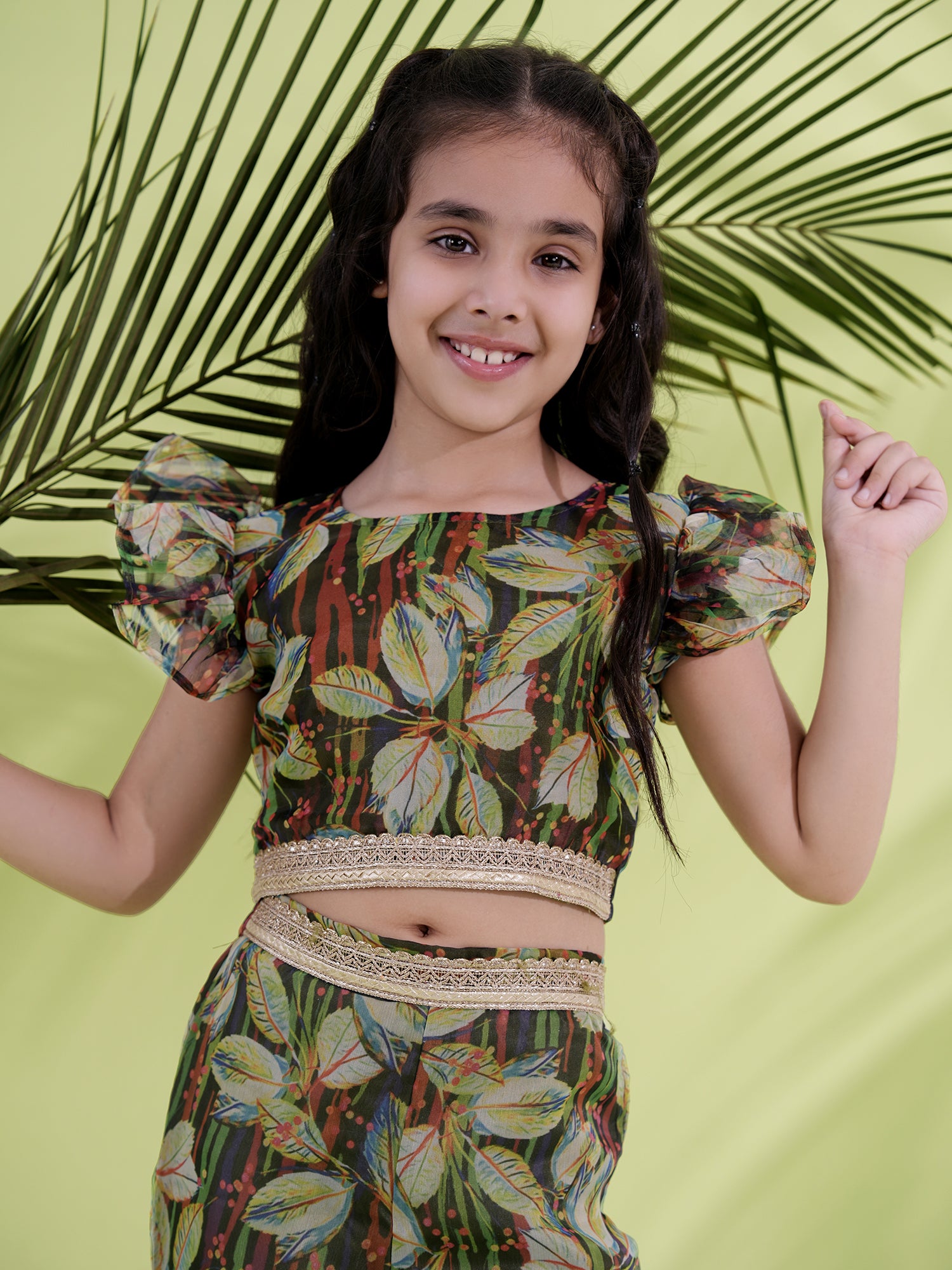 Green Organza Half Sleeves Printed Co-Ords For Girls