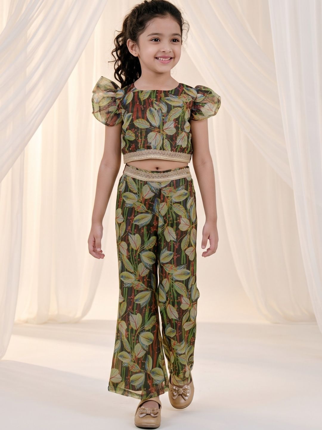 Green Organza Half Sleeves Printed Co-Ords For Girls