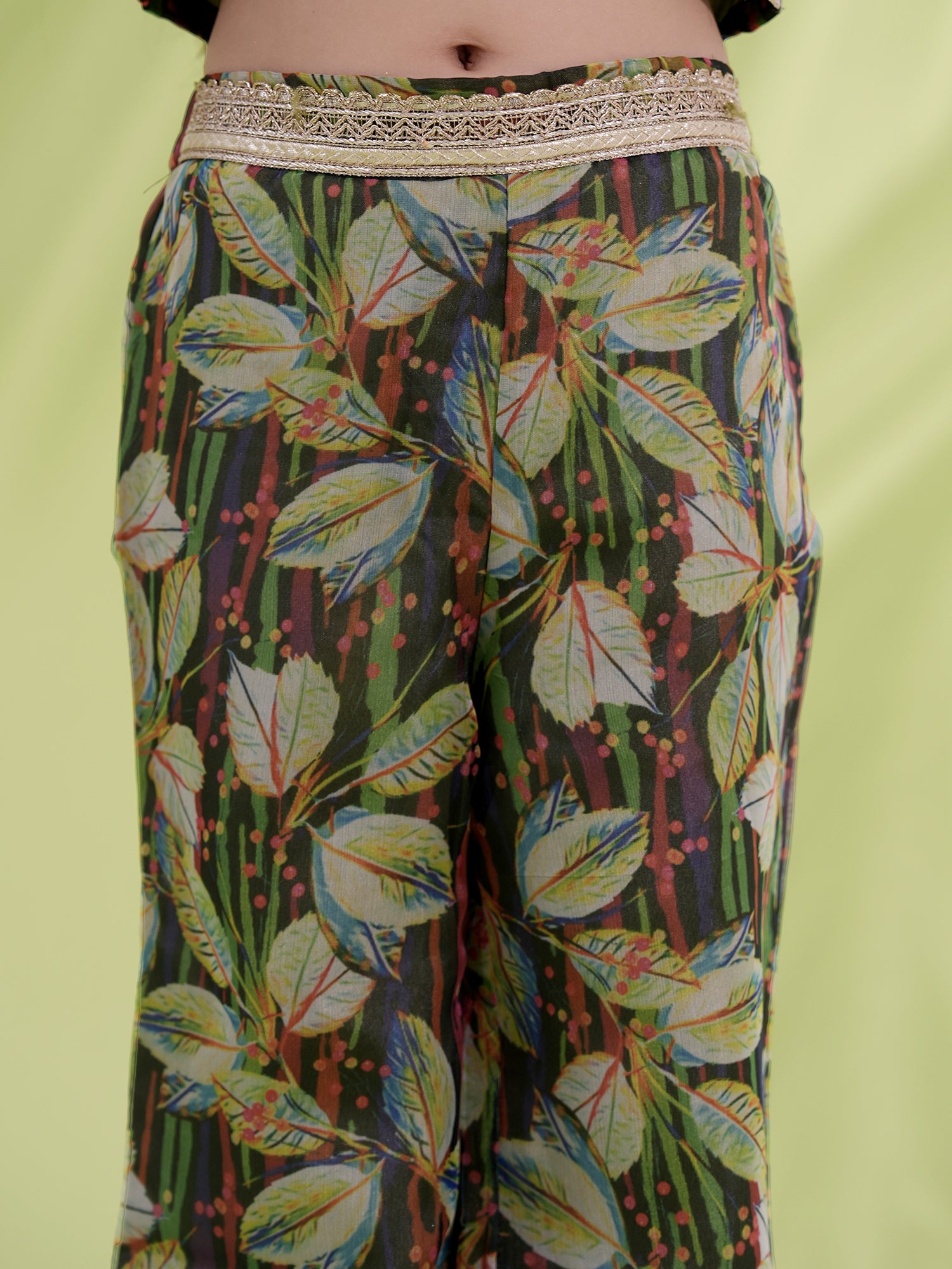 Green Organza Half Sleeves Printed Co-Ords For Girls