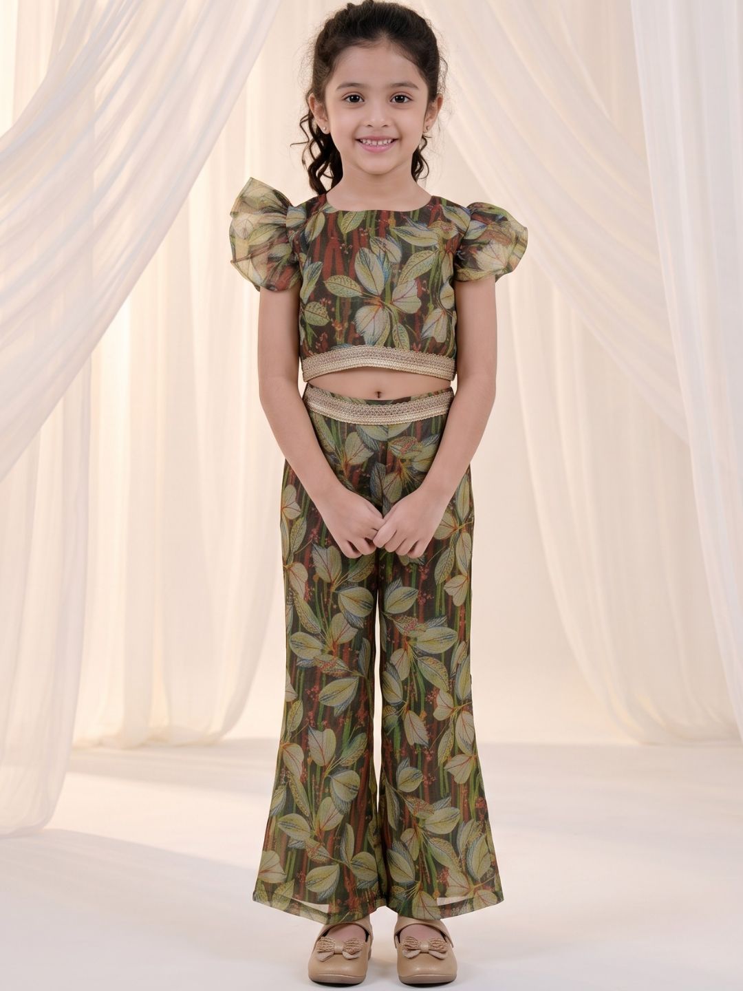 Green Organza Half Sleeves Printed Co-Ords For Girls