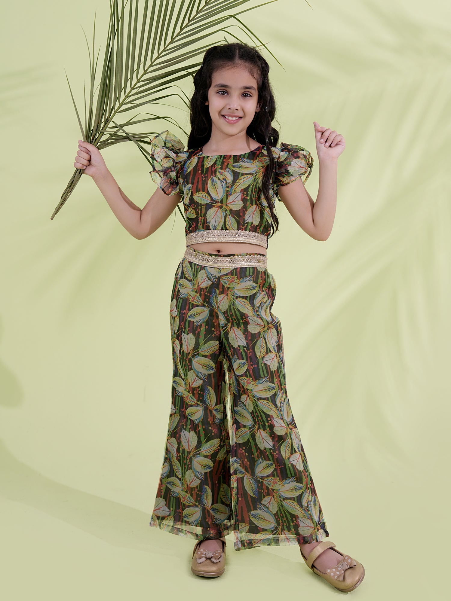 Green Organza Half Sleeves Printed Co-Ords For Girls