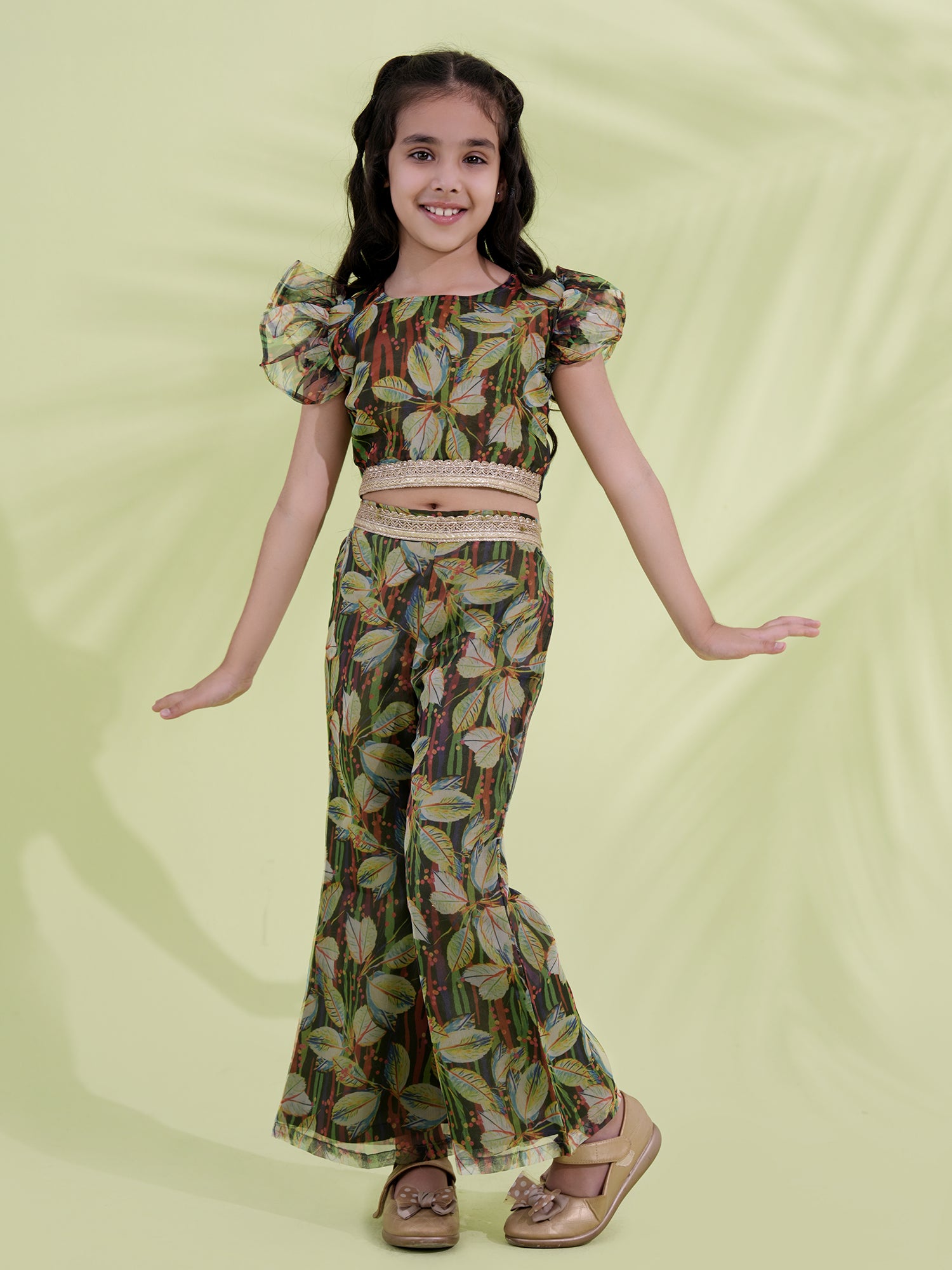 Green Organza Half Sleeves Printed Co-Ords For Girls
