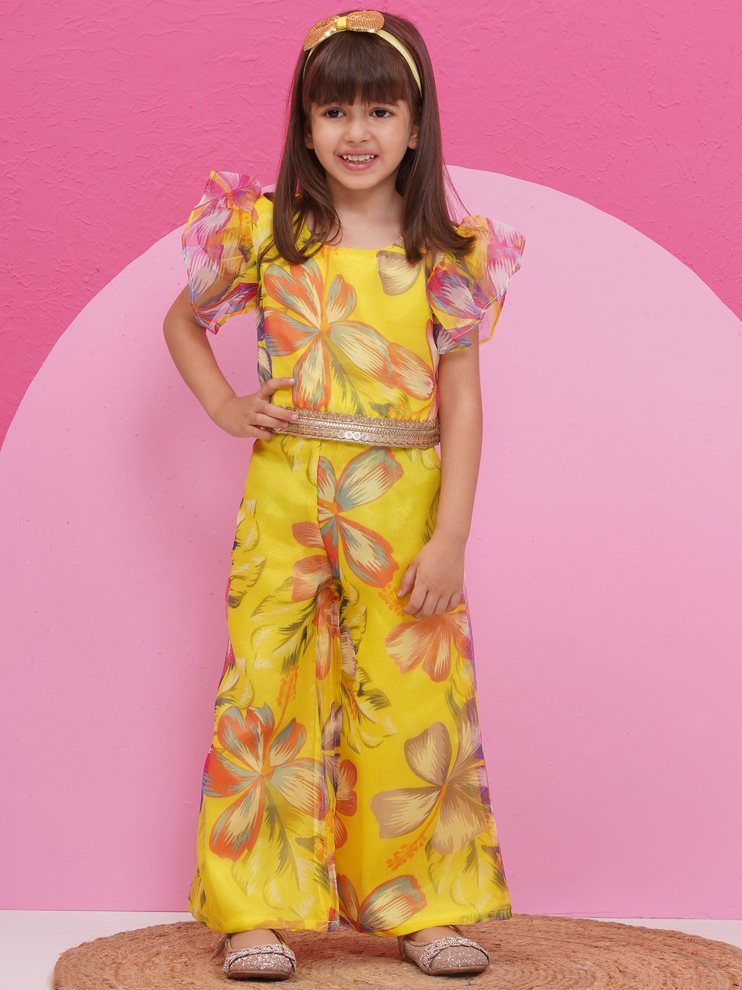 Aj Dezines Yellow Organza Half Sleeves Printed Co-Ords For Girls